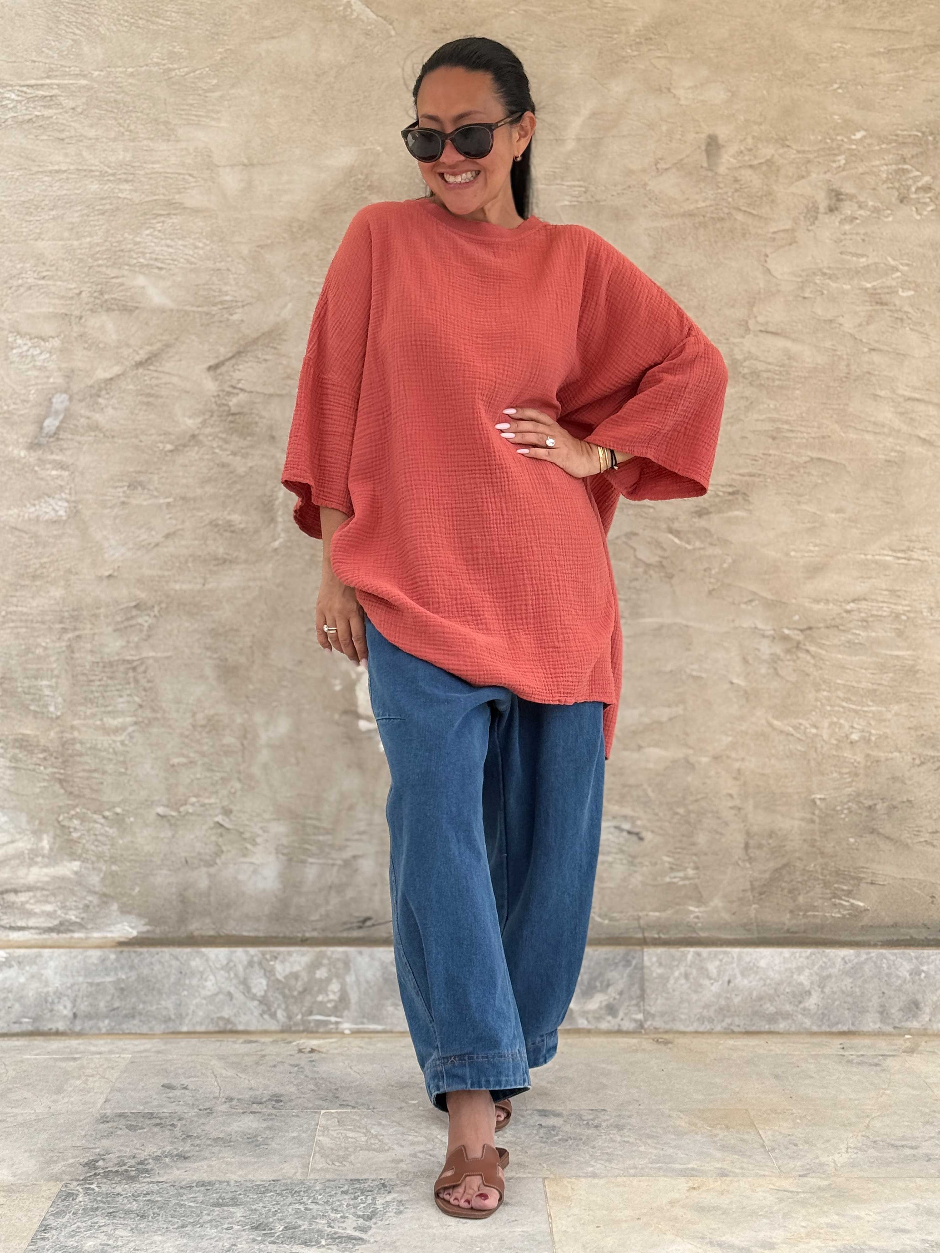 Musselin Oversize Kurzarm Shirt - Rosewood