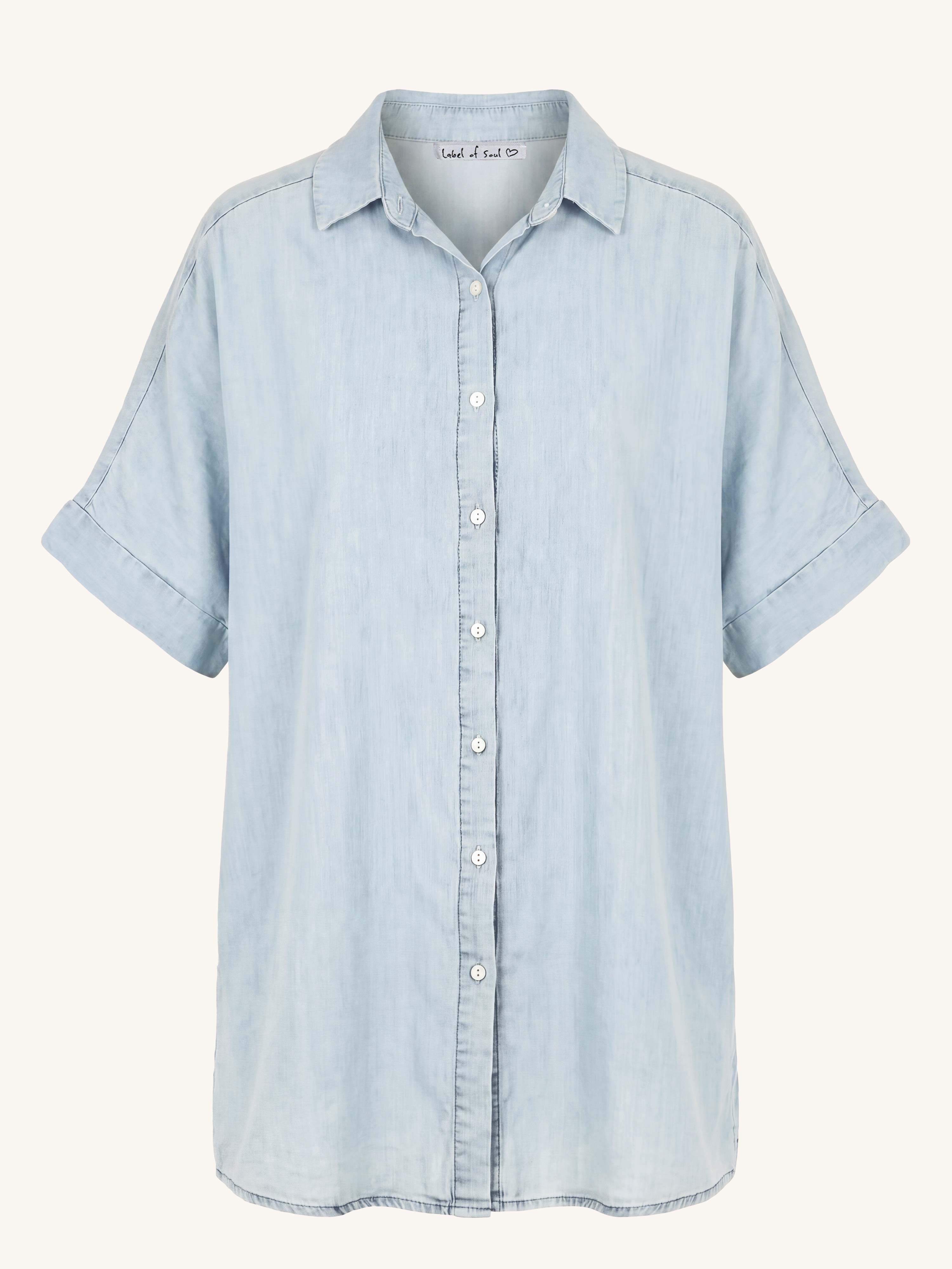 Leichte Lyocell Oversize Kurzarm Jeansbluse Long - Washed Blue