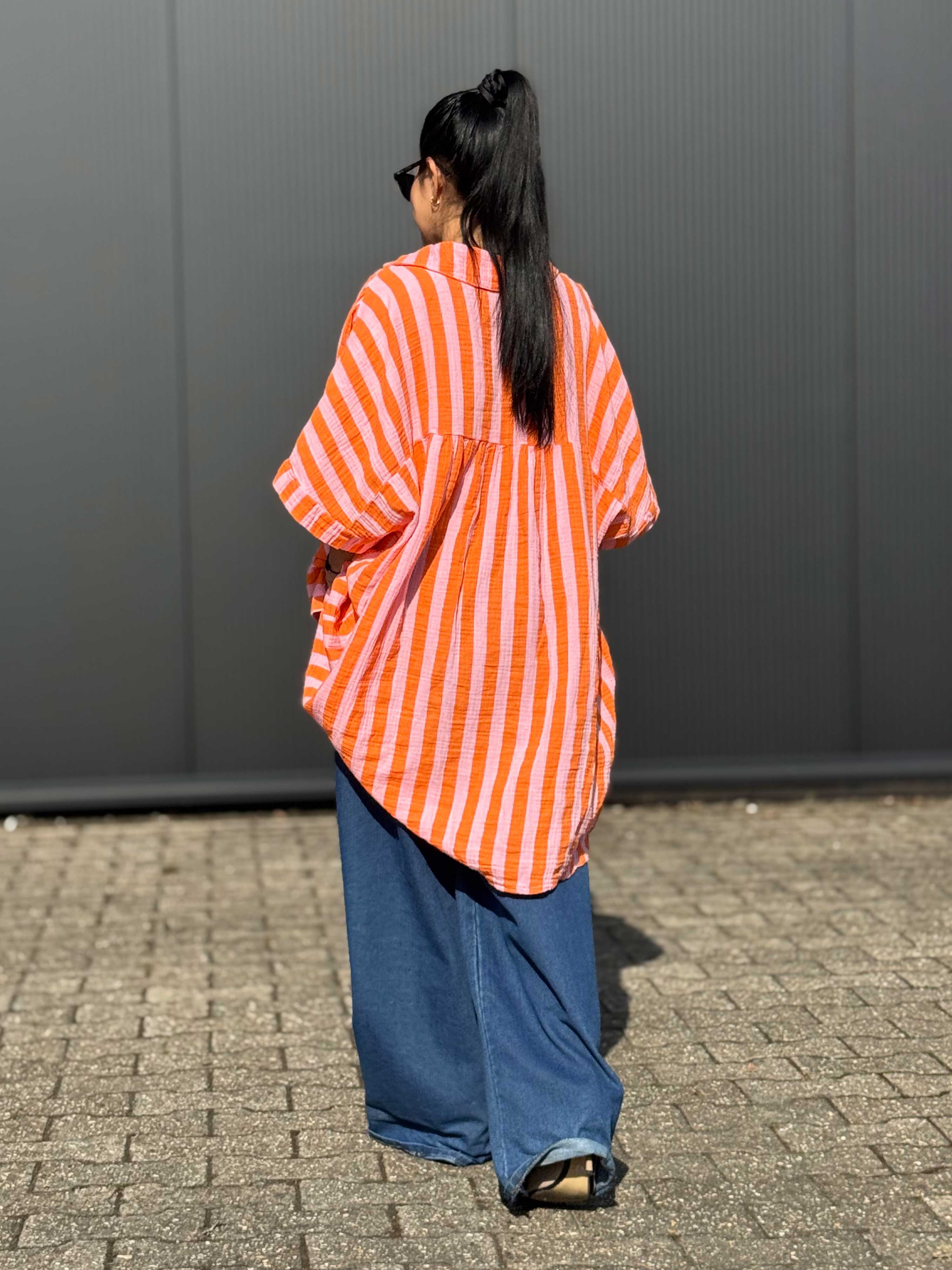 Musselin Oversize Kurzarm Bluse Long - BIG STRIPES - Lollipop Musselin Oversize Kurzarm Bluse Long - BIG STRIPES - Lollipop