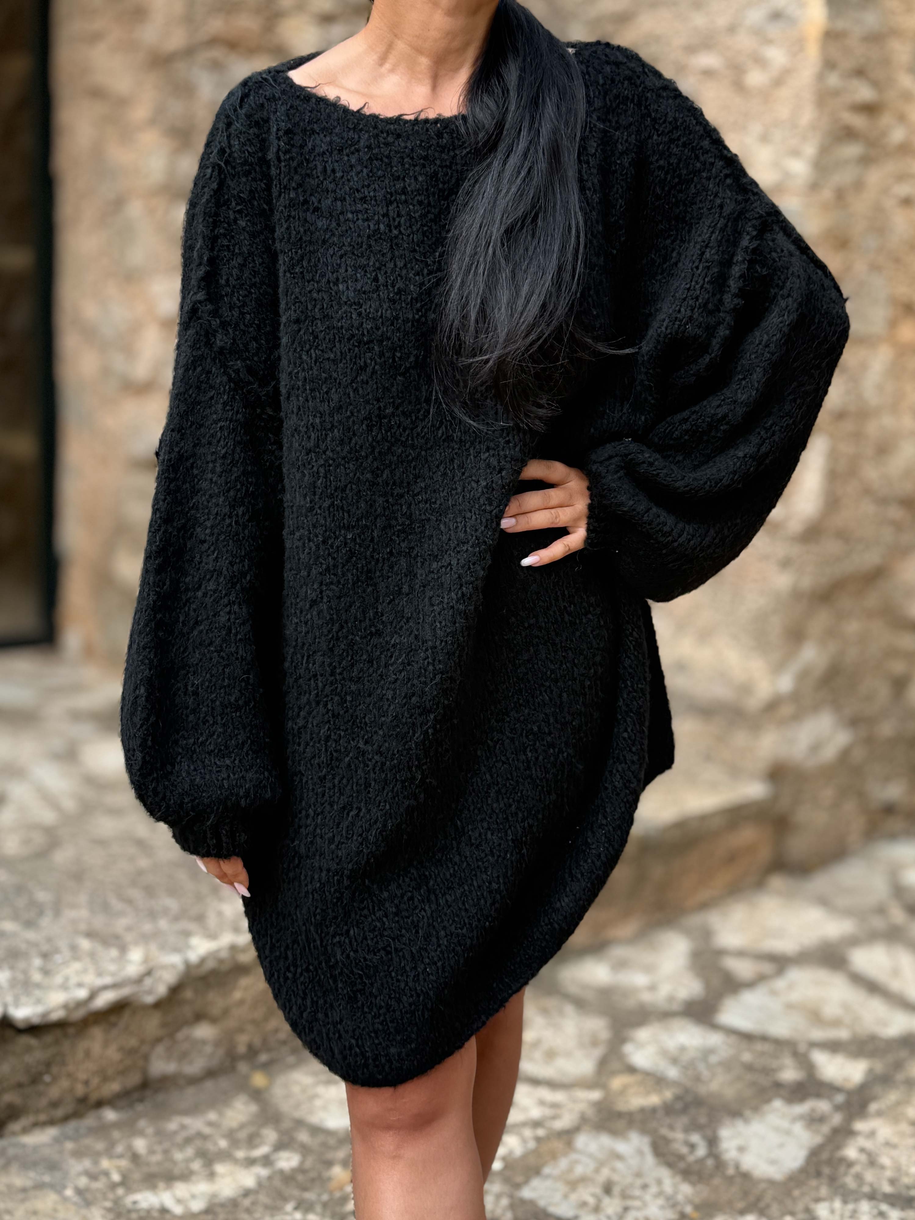 Oversize Long Strickpullover - FLAUSCHI - Schwarz