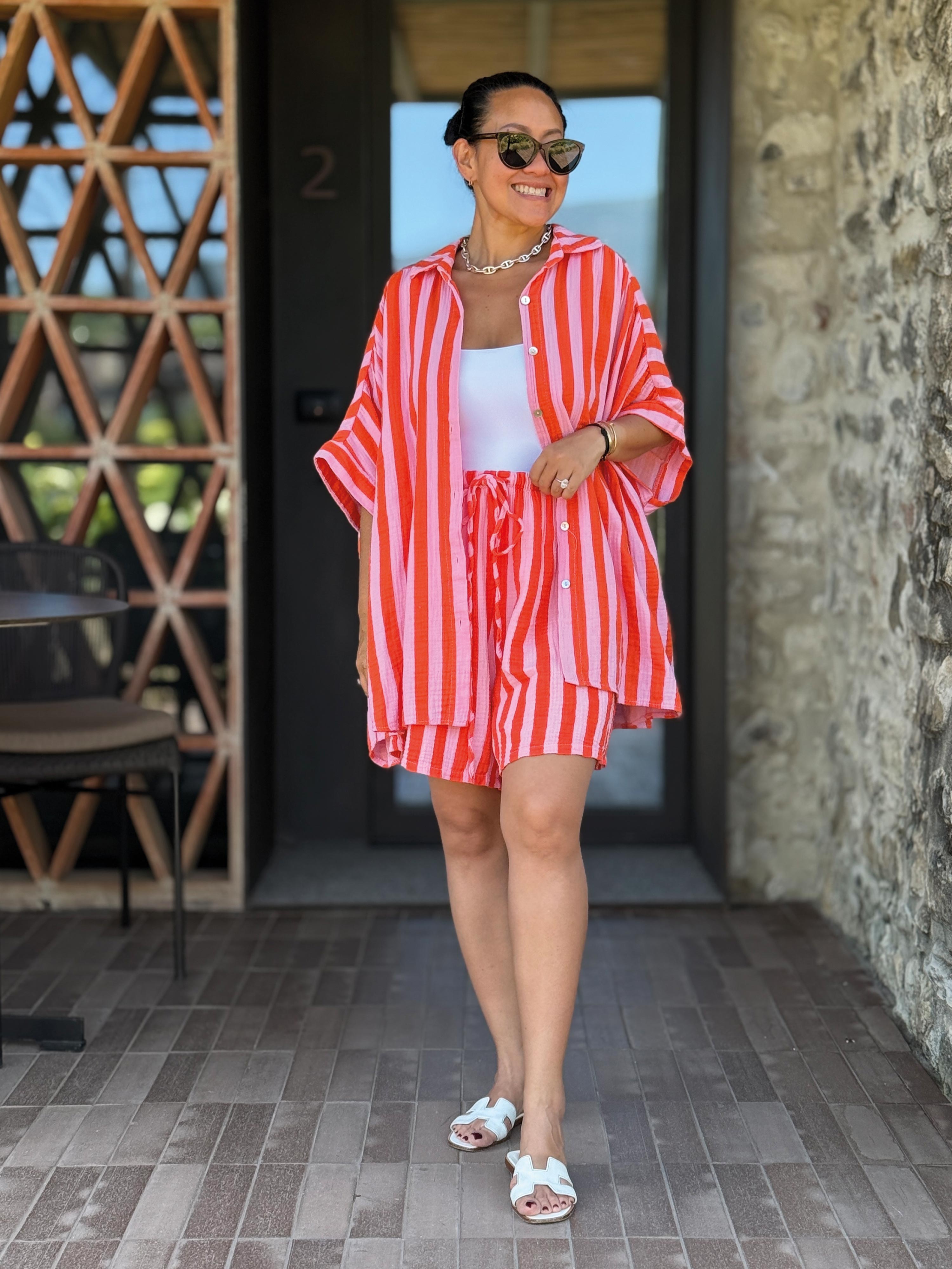 Musselin Oversize Kurzarm Bluse MIDI - BIG STRIPES - Lollipop