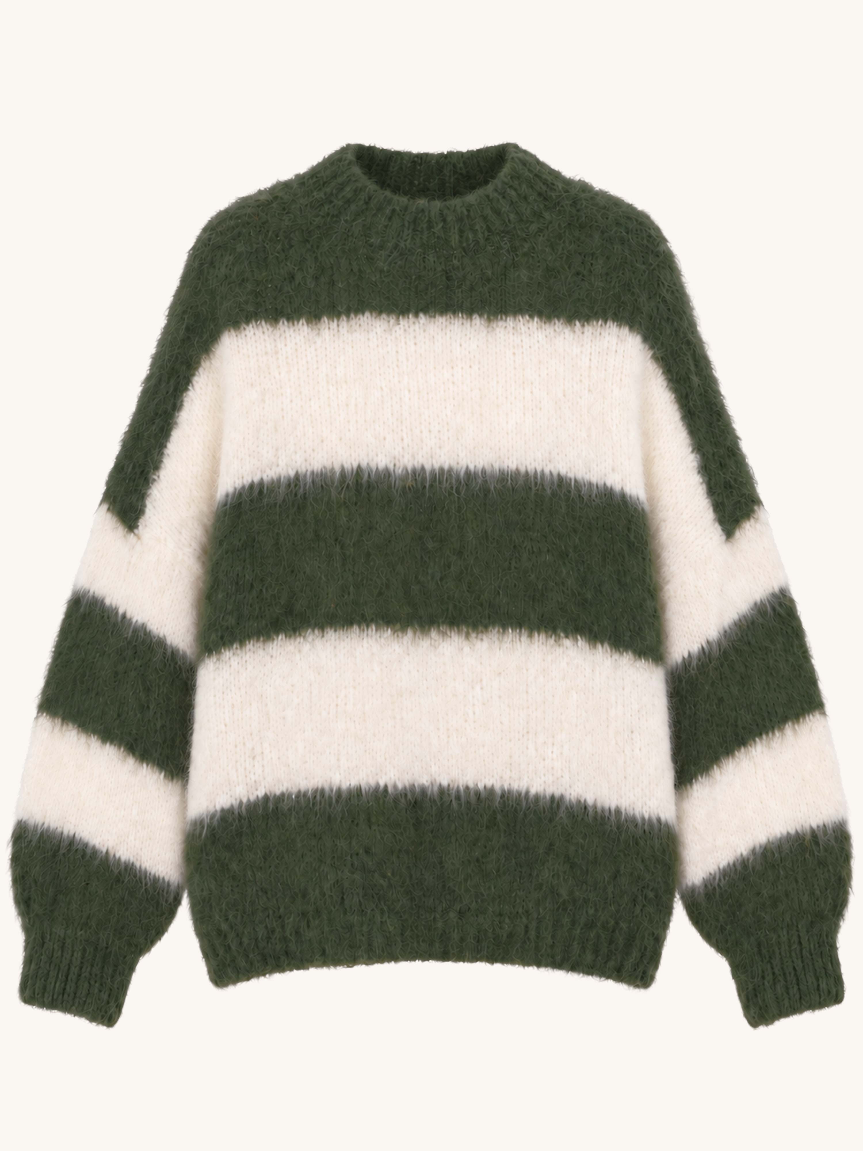 Oversize Strickpullover mit Stehkragen FLUFFY - STRIPES - Olive/Creme