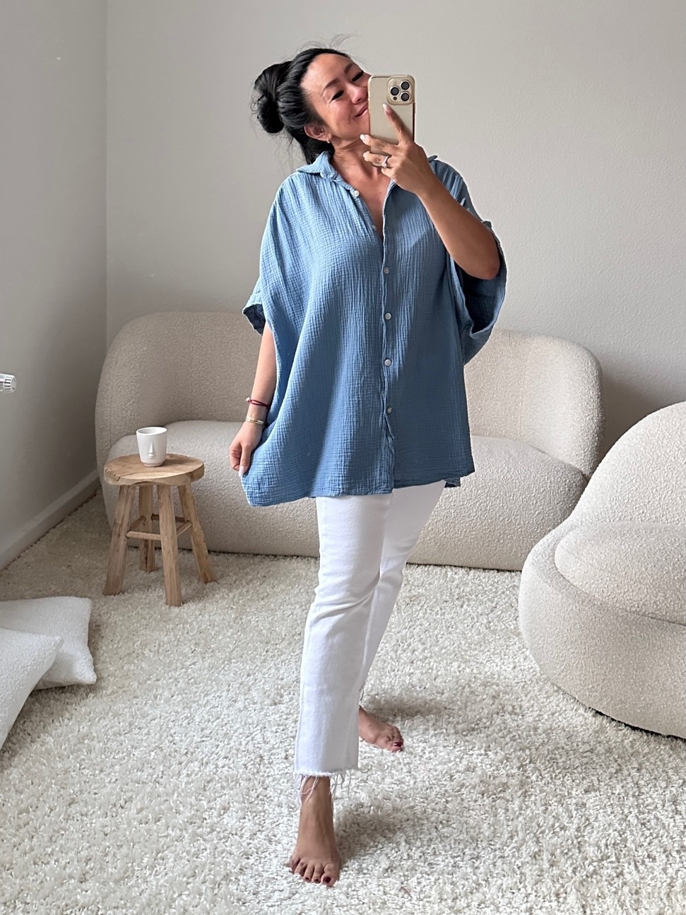 Musselin Oversize Kurzarm Bluse MIDI - Jeansblau