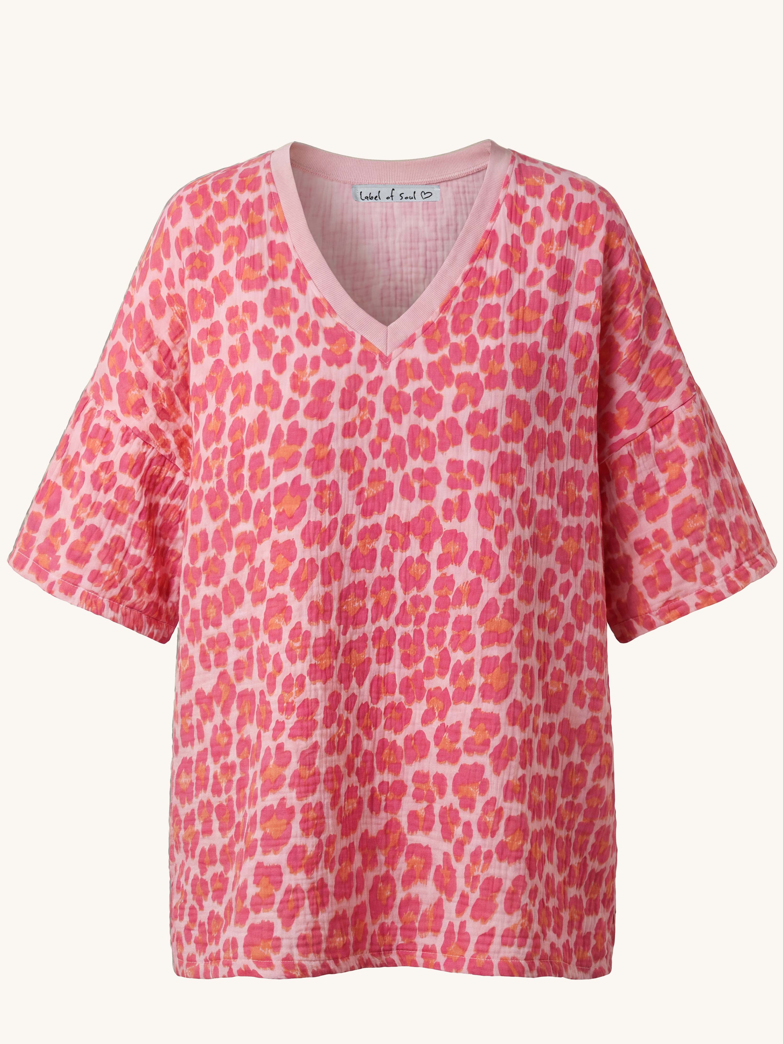 Musselin Oversize Kurzarm Shirt mit V-Ausschnitt - Leo Juicy