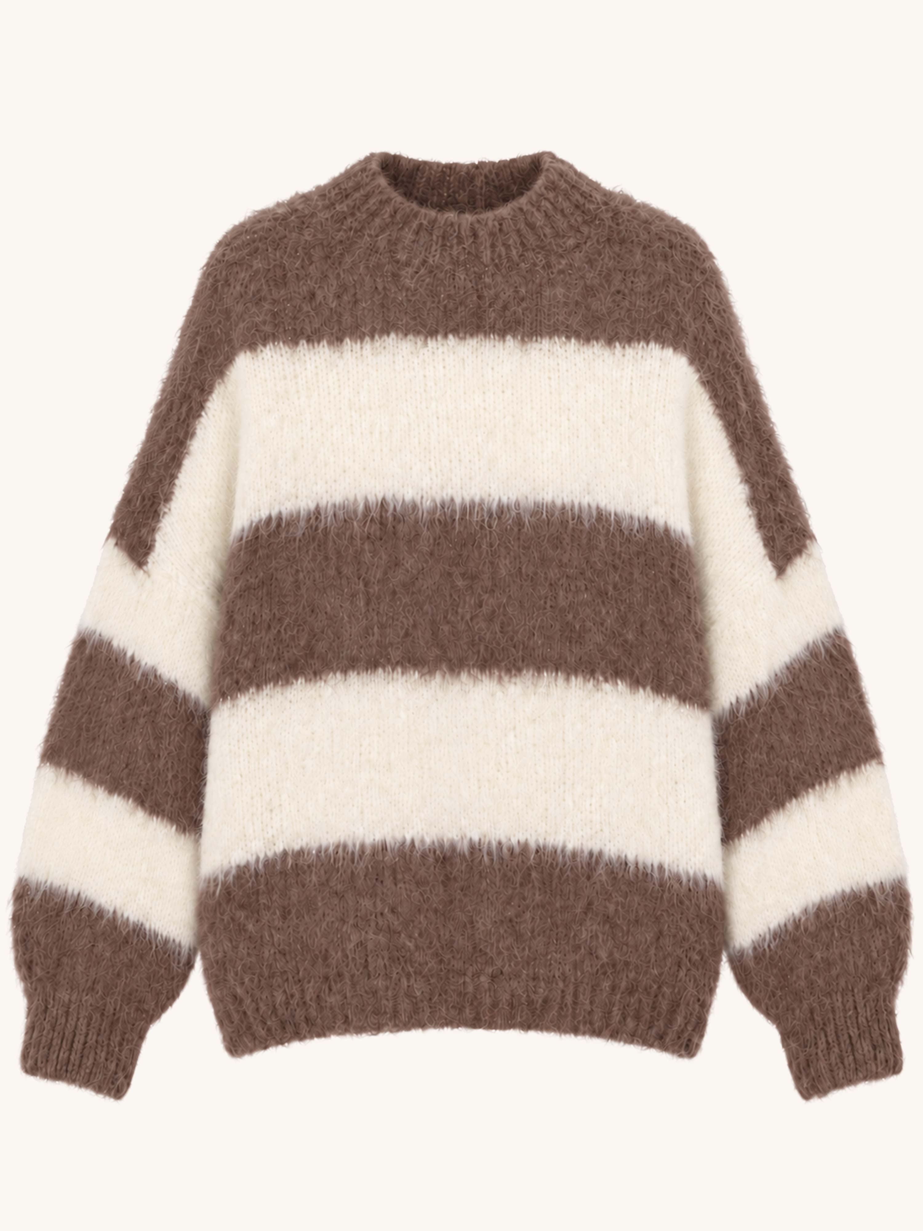 Oversize Strickpullover mit Stehkragen FLUFFY - STRIPES - Fango/Creme