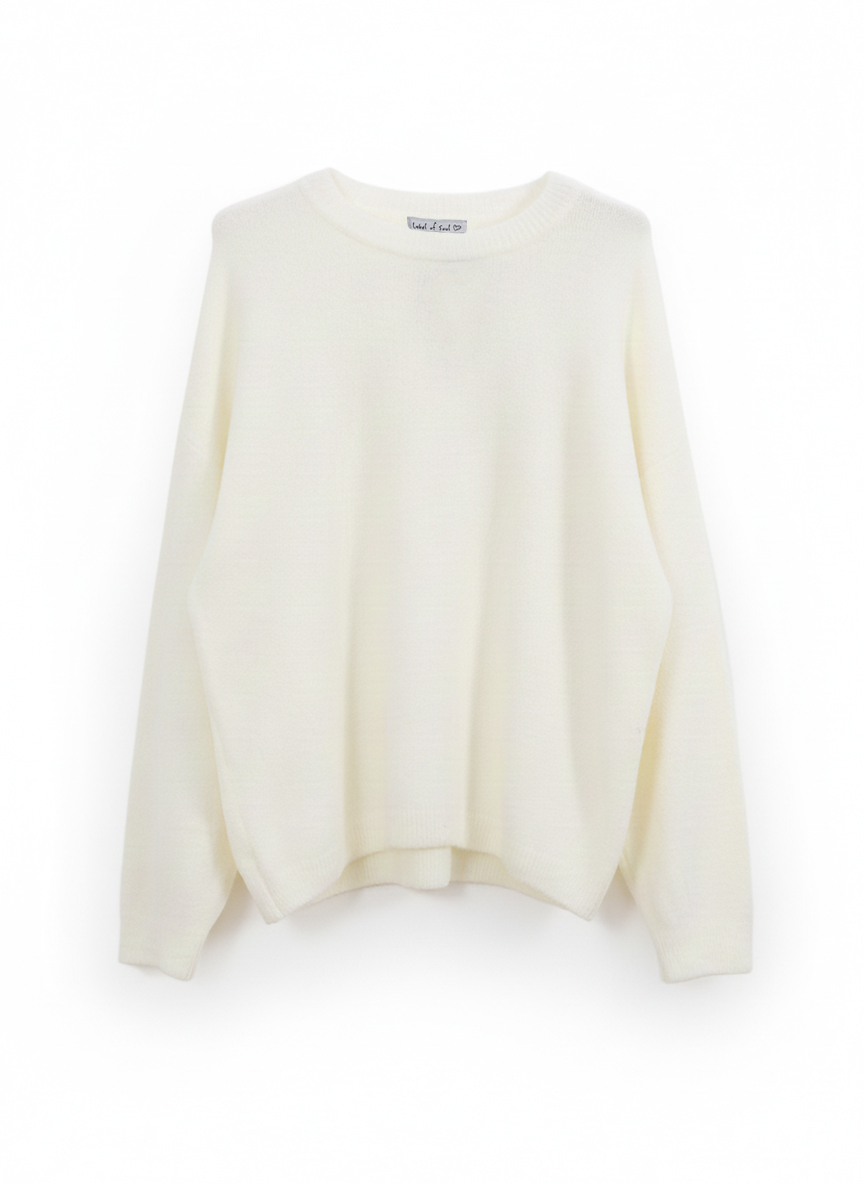 Rundhals Strickpullover mit Alpakawollanteil - Creme