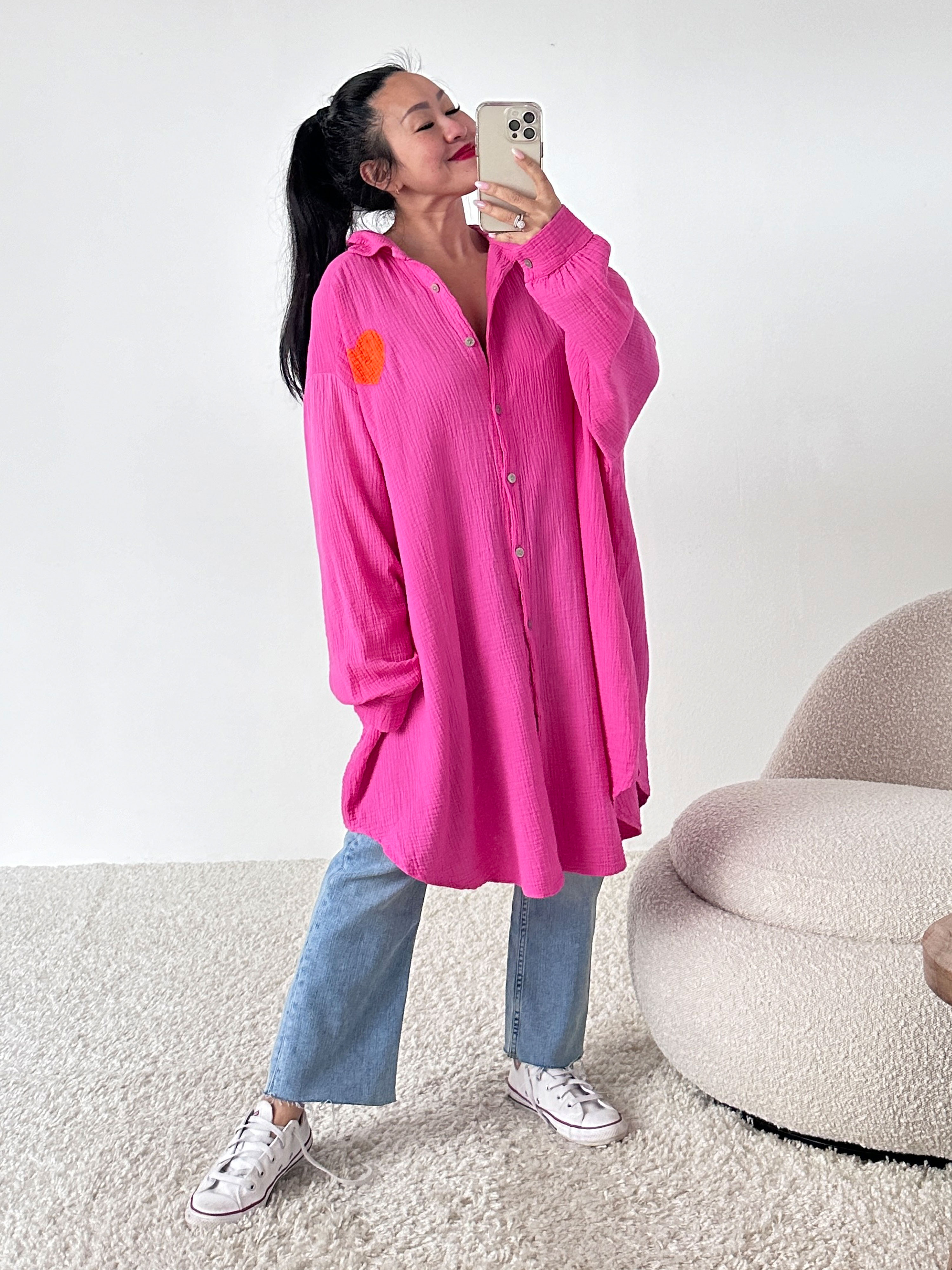 Musselin Long Oversize Bluse - Must Have - HEART - Pink