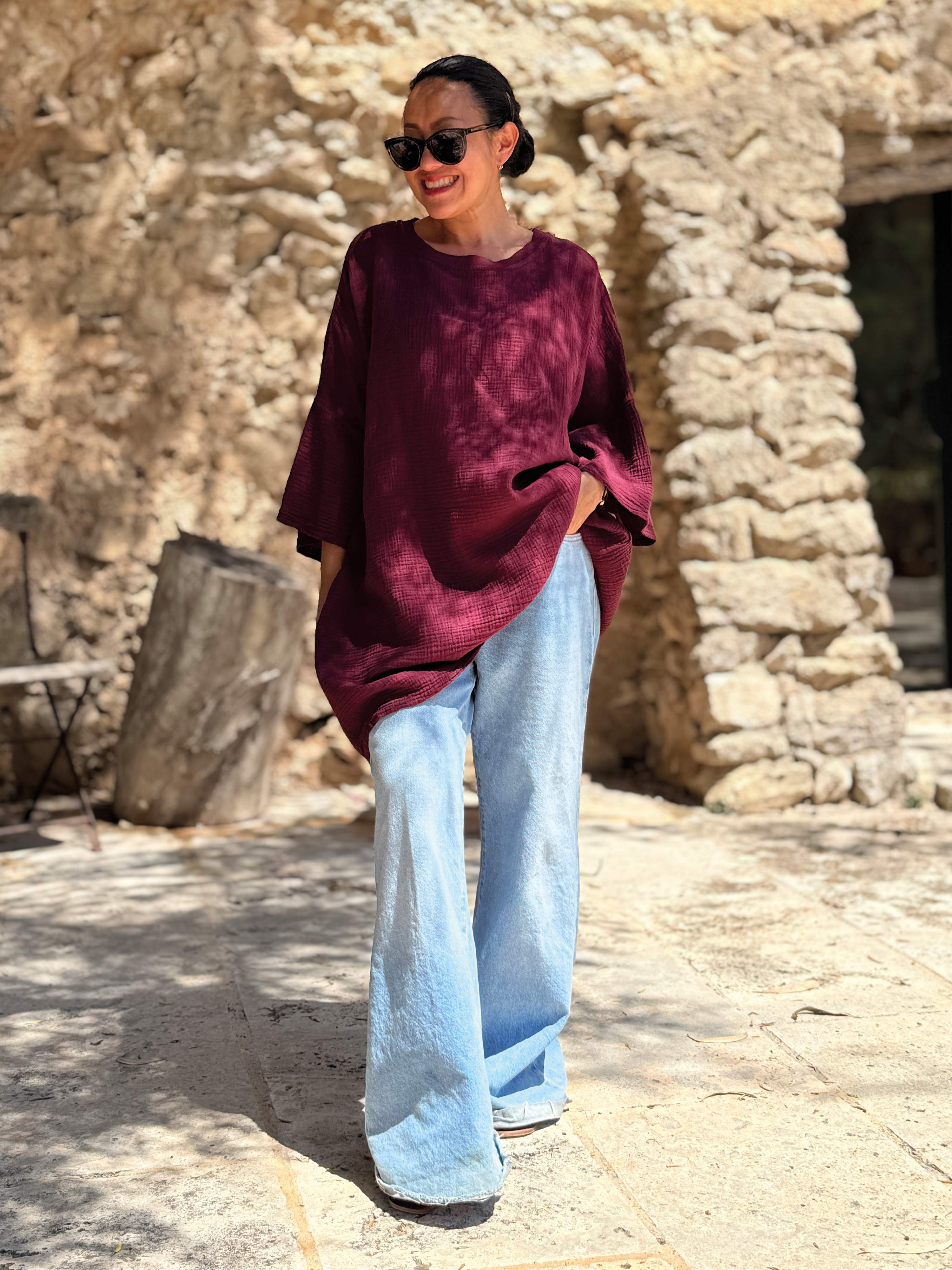 Musselin Oversize Kurzarm Shirt - Burgunder