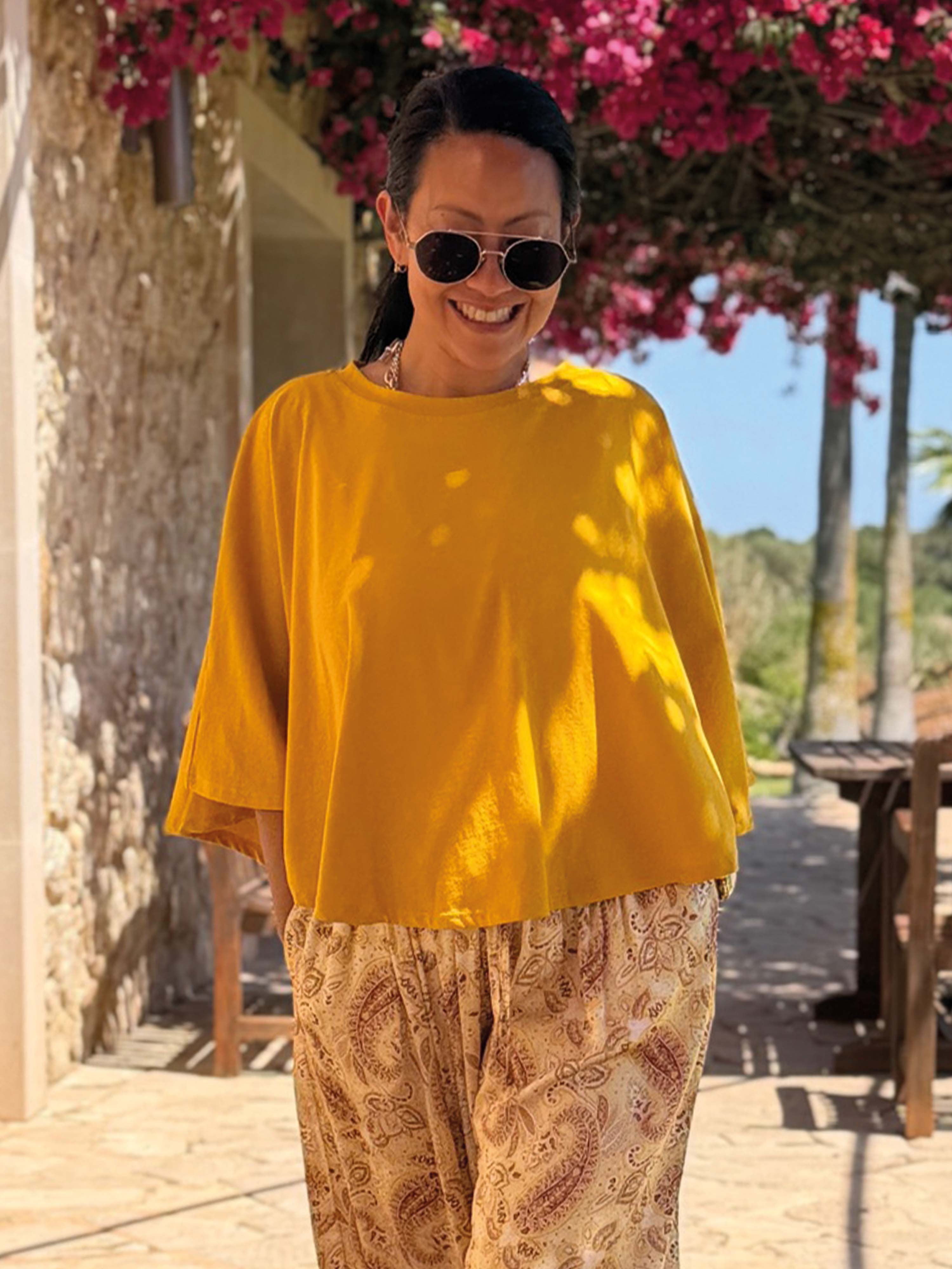 Basic Oversize Kurzarm Poncho Shirt - Senf
