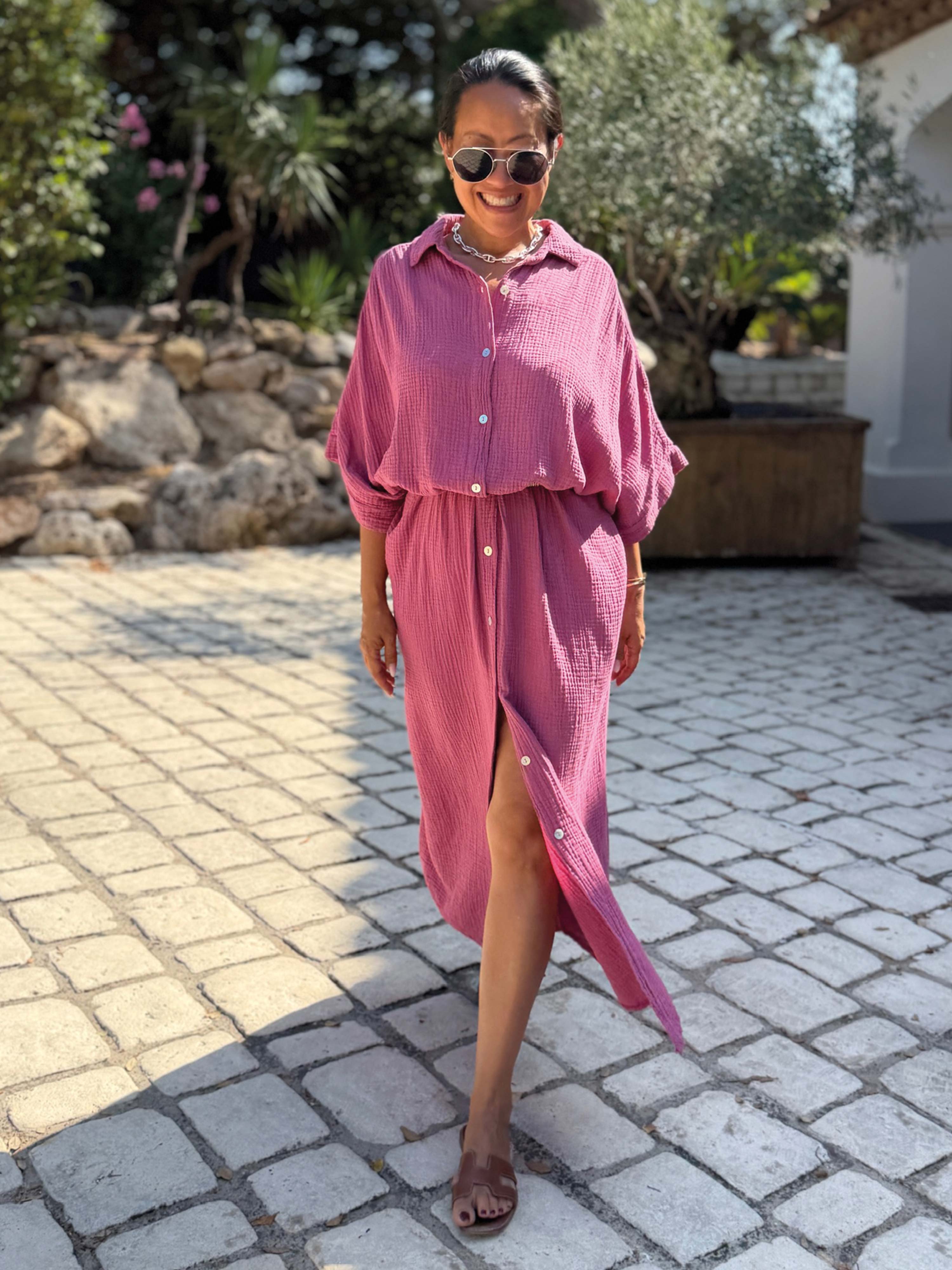 Musselin Oversize Kurzarm Blusenkleid - CAPRI - Beere