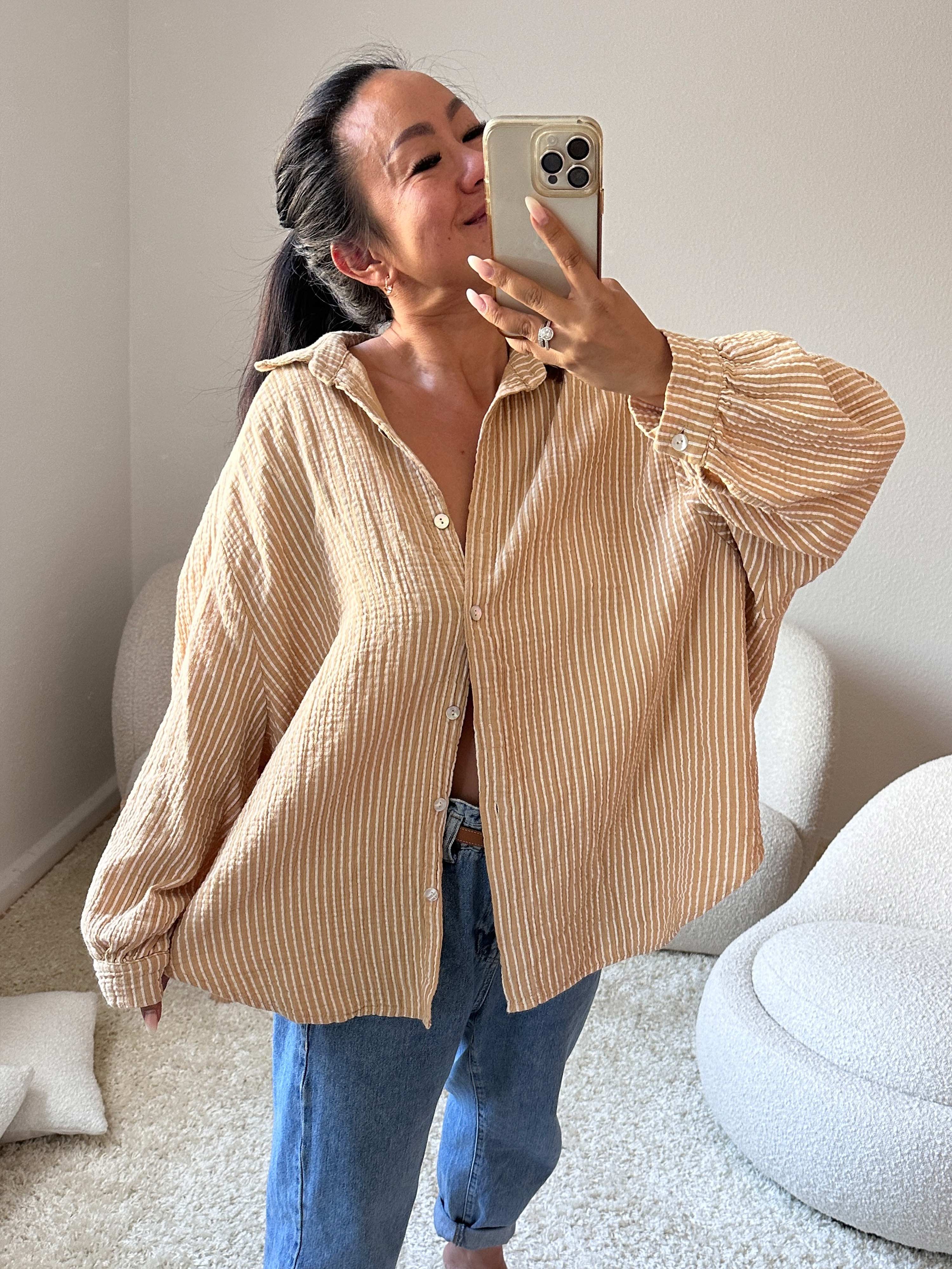 Musselin Midi Oversize Bluse - SMALL STRIPES - Caramel/Weiss