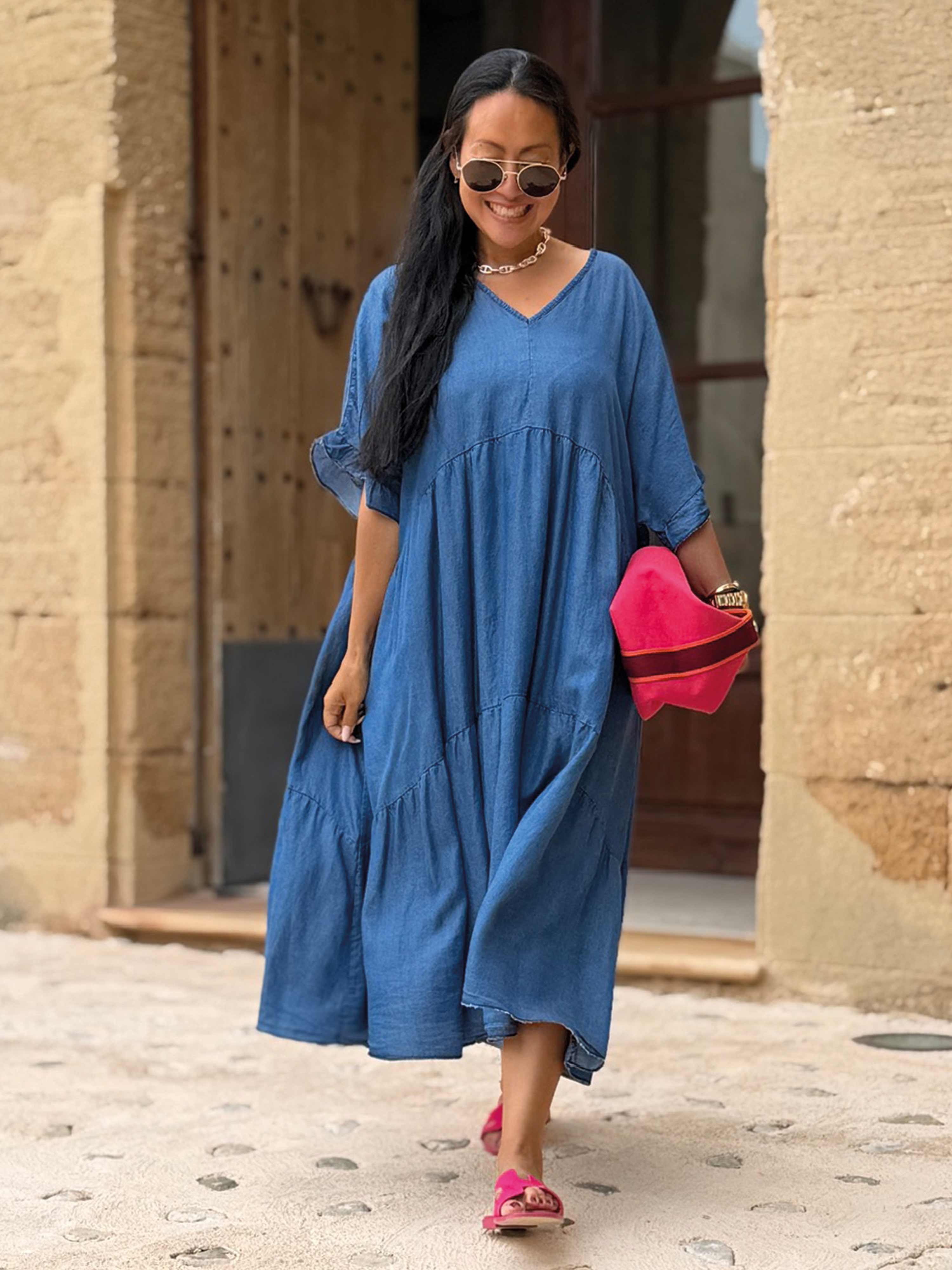 Leichte Lyocell Tunika Long mit V-Ausschnitt - Medium Blue