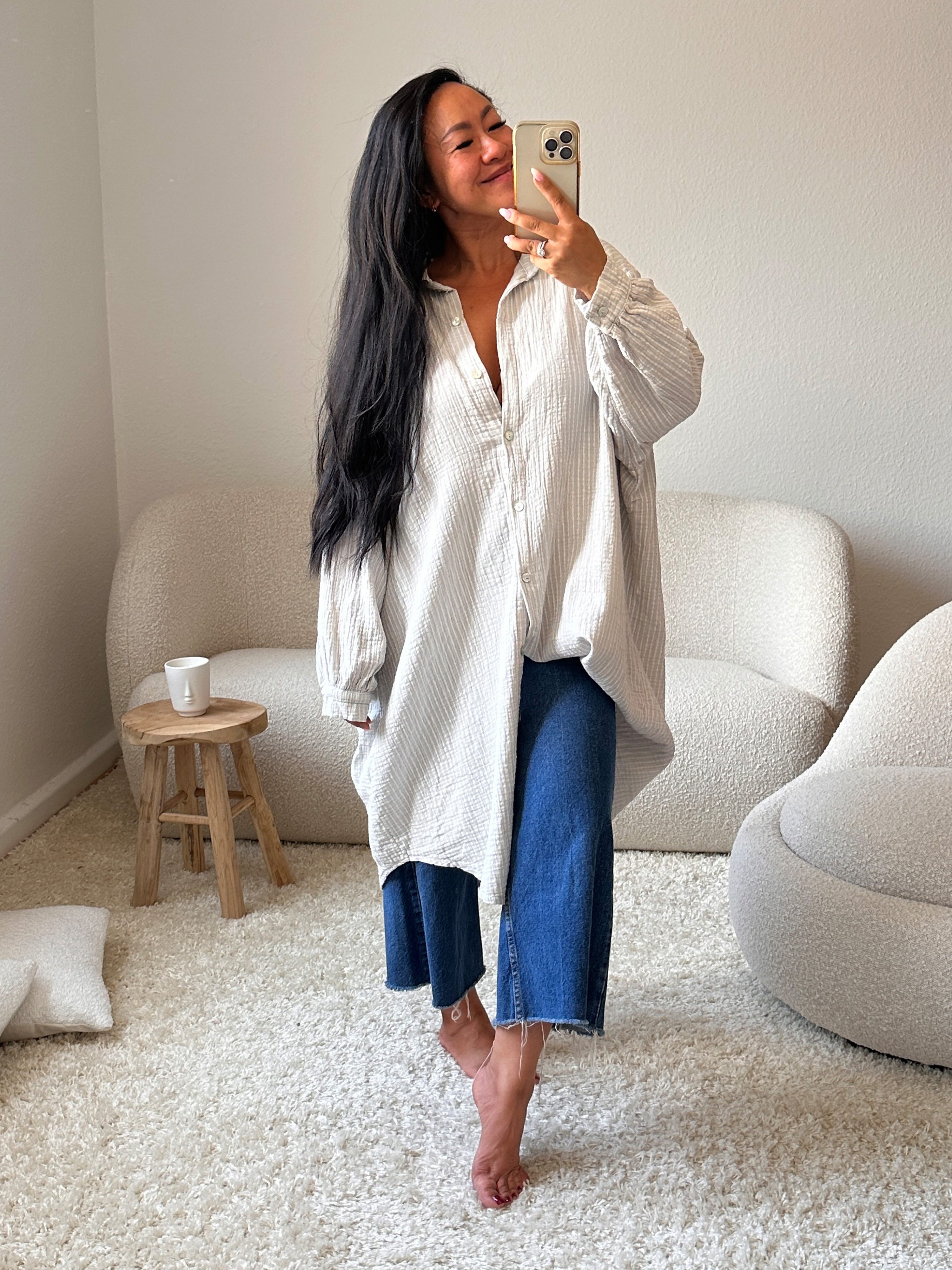 Musselin Oversize Bluse - TALL - SMALL STRIPES Greige/Weiss