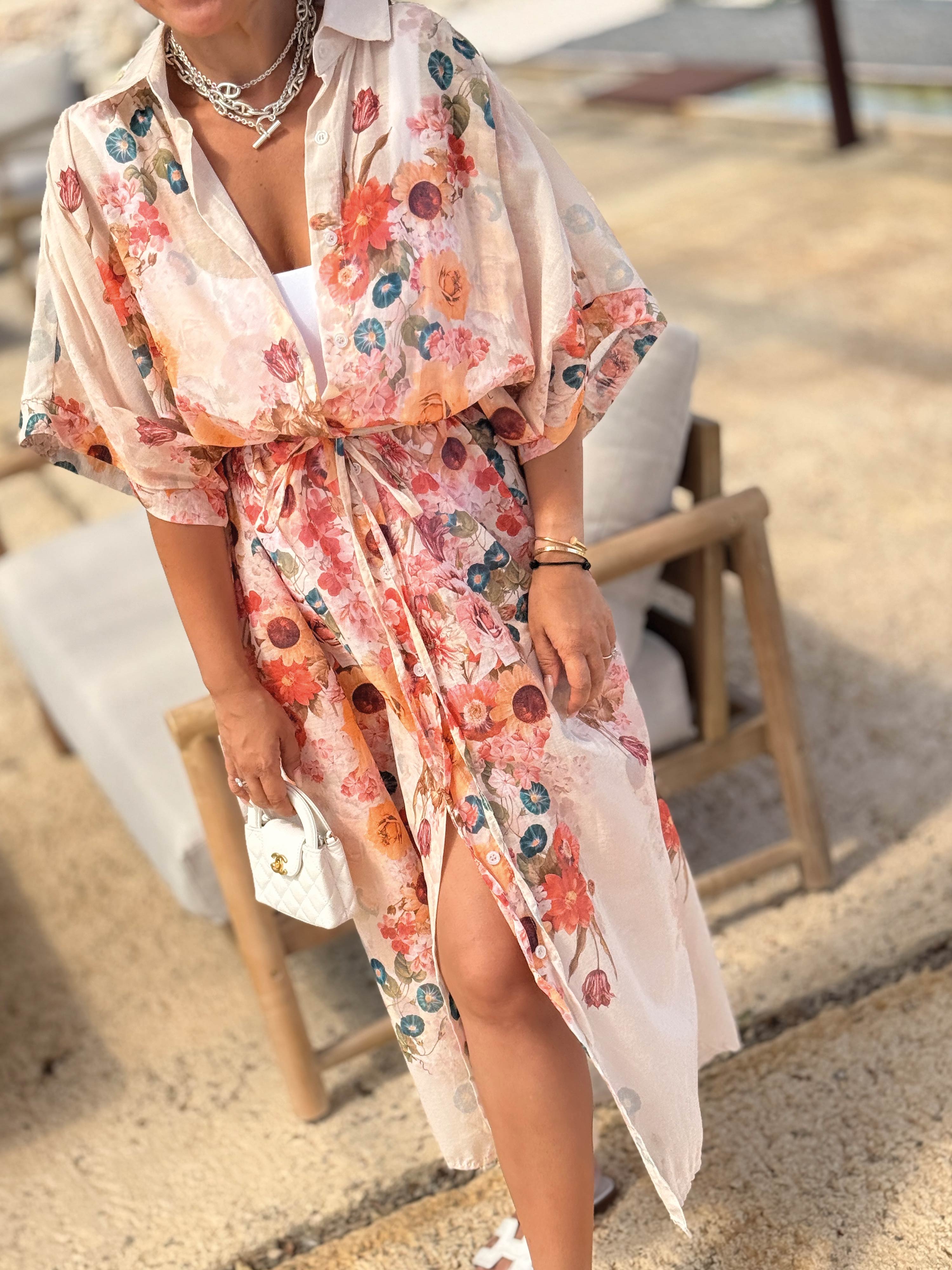 Cotton Oversize Kurzarm Blusenkleid - CAPRI - MILLE FLEURS - Creme Cotton Oversize Kurzarm Blusenkleid - CAPRI - MILLE FLEURS - Creme