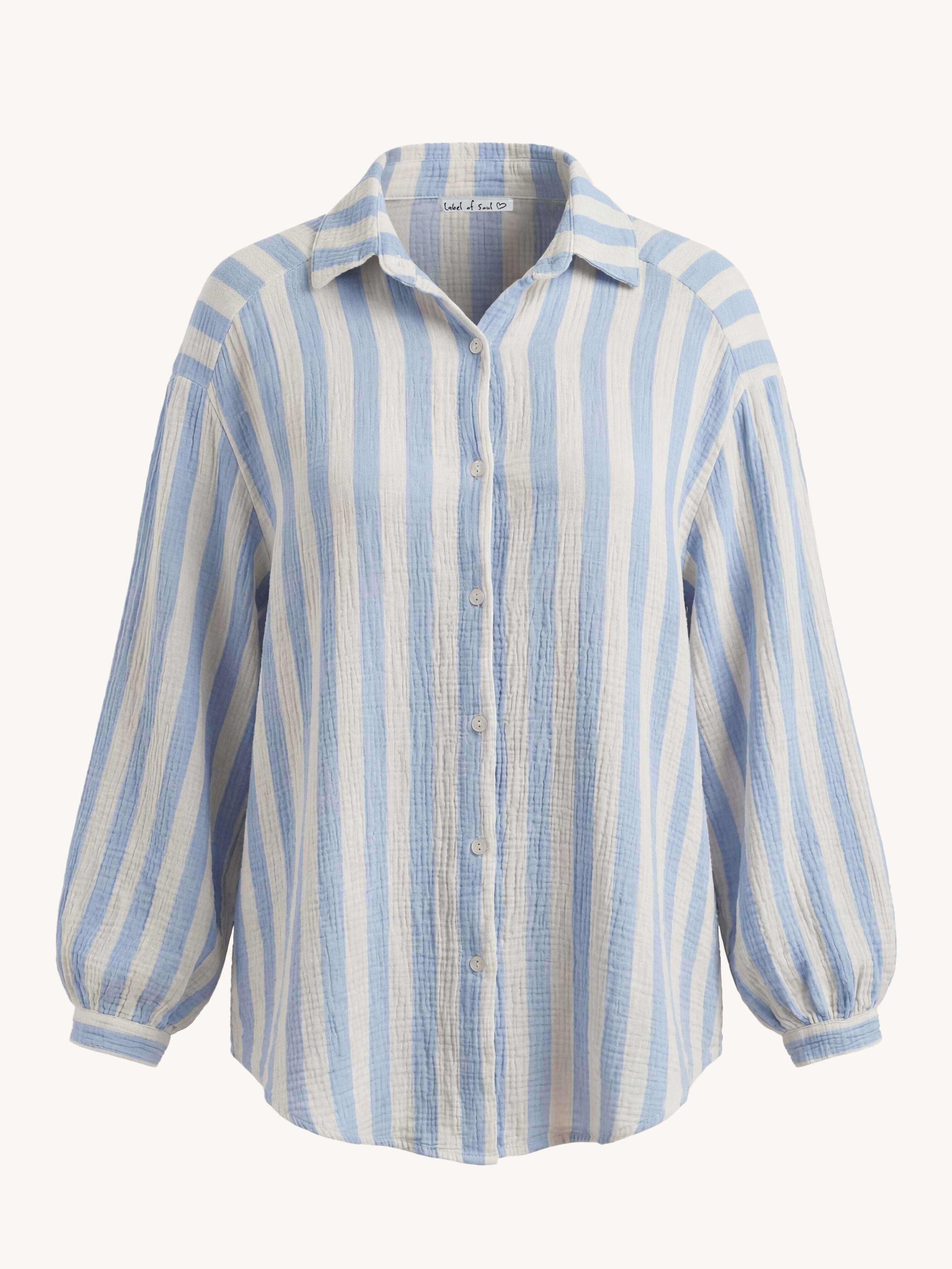 Musselin Midi Oversize Bluse - BIG STRIPES - Blau/Vanille