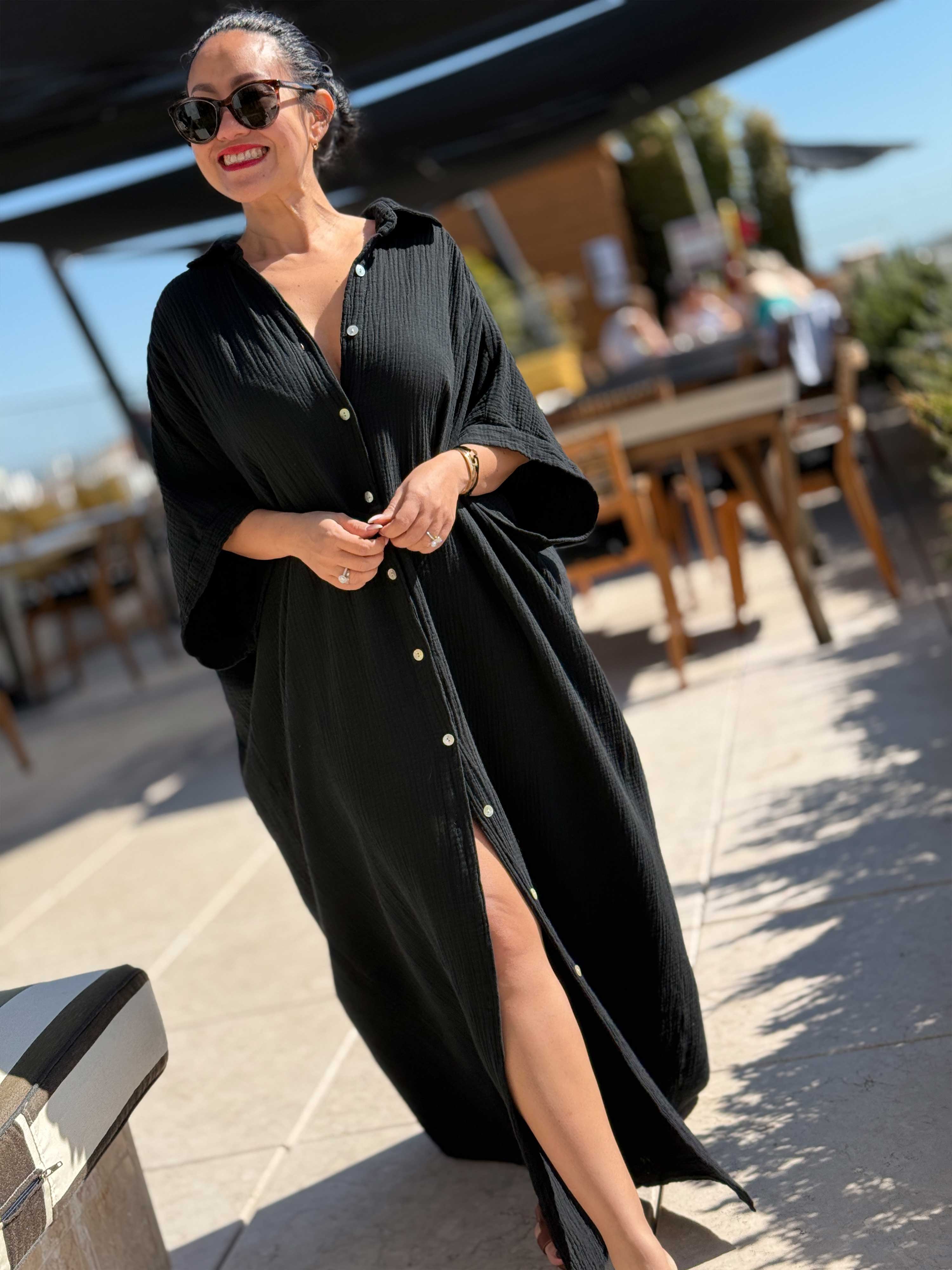 Musselin Oversize Kurzarm Blusenkleid - CAPRI - Schwarz