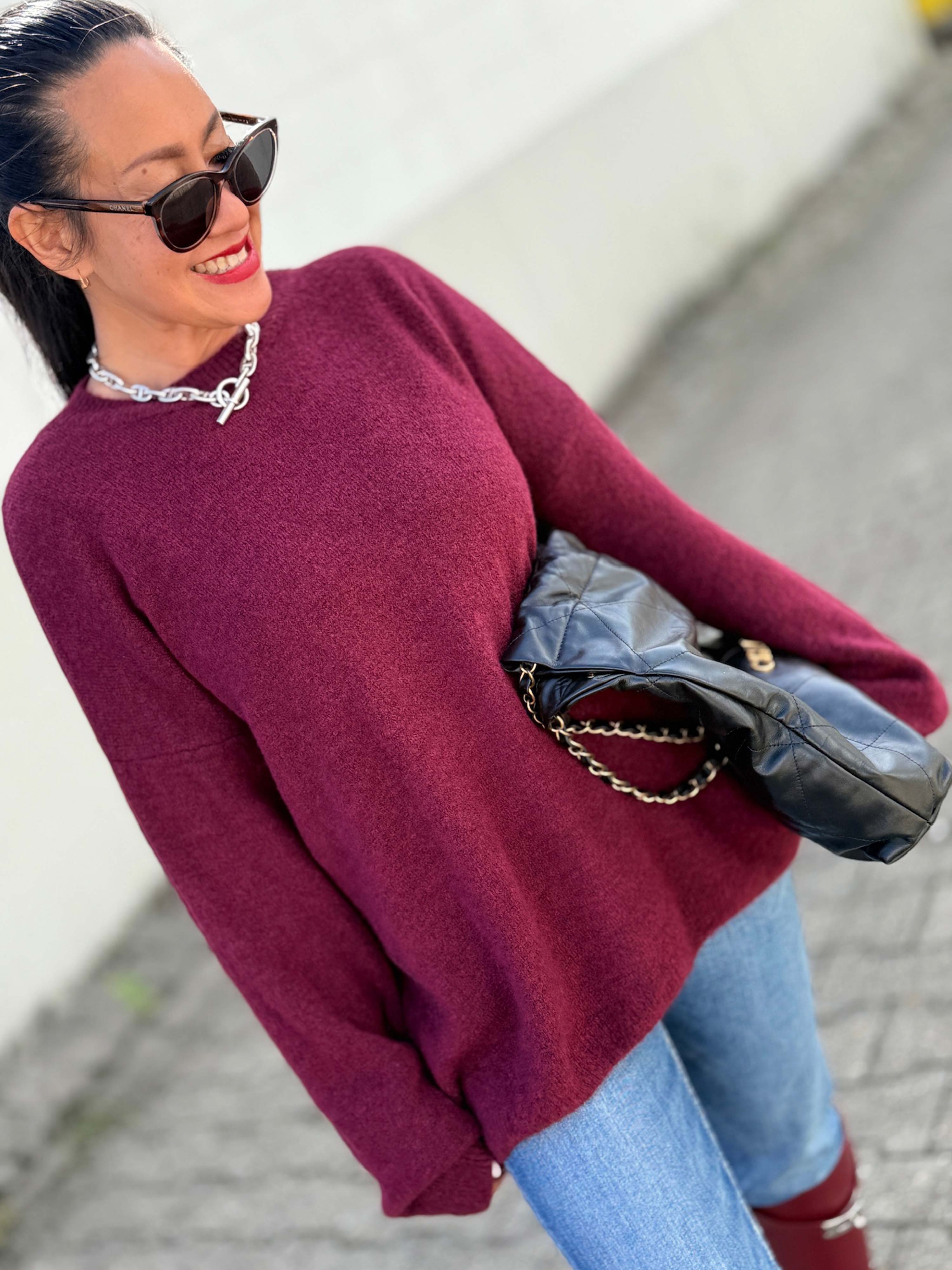 Feiner Rundhals Strickpullover mit Alpakawollanteil - Burgundy Feiner Rundhals Strickpullover mit Alpakawollanteil - Burgundy