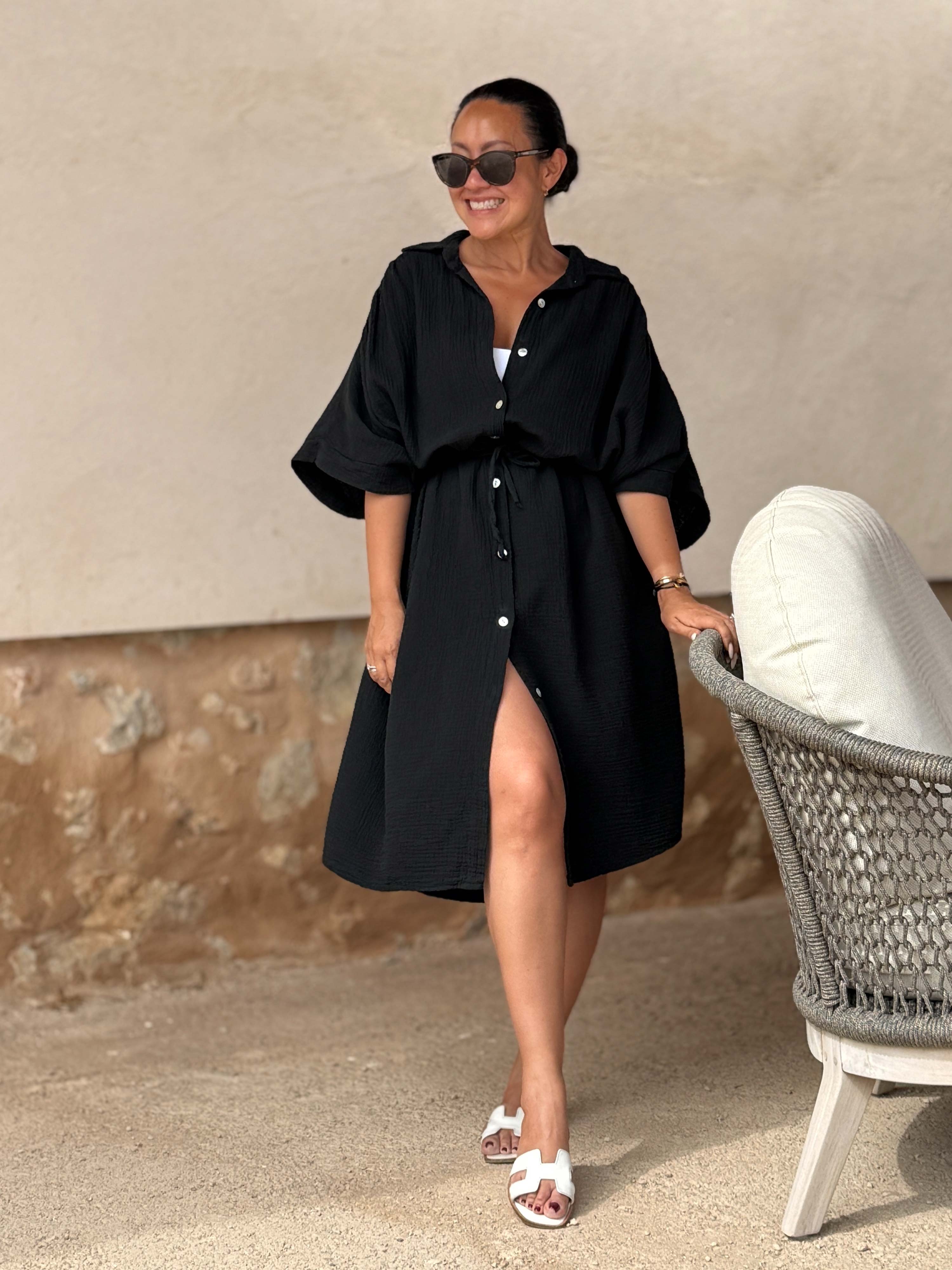 Musselin Oversize Kurzarm Blusenkleid - LANA - Schwarz