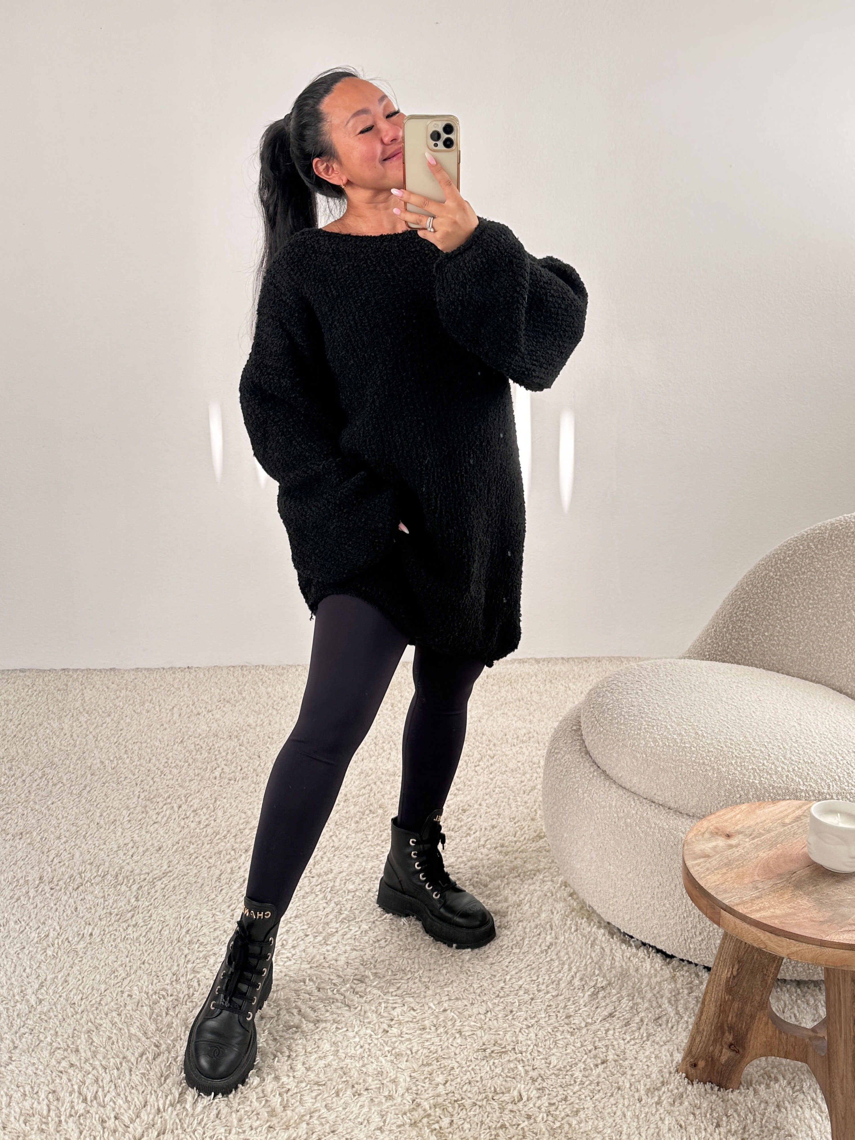 PREMIUM Oversize Bouclé Long Pullover - Schwarz PREMIUM Oversize Bouclé Long Pullover - Schwarz