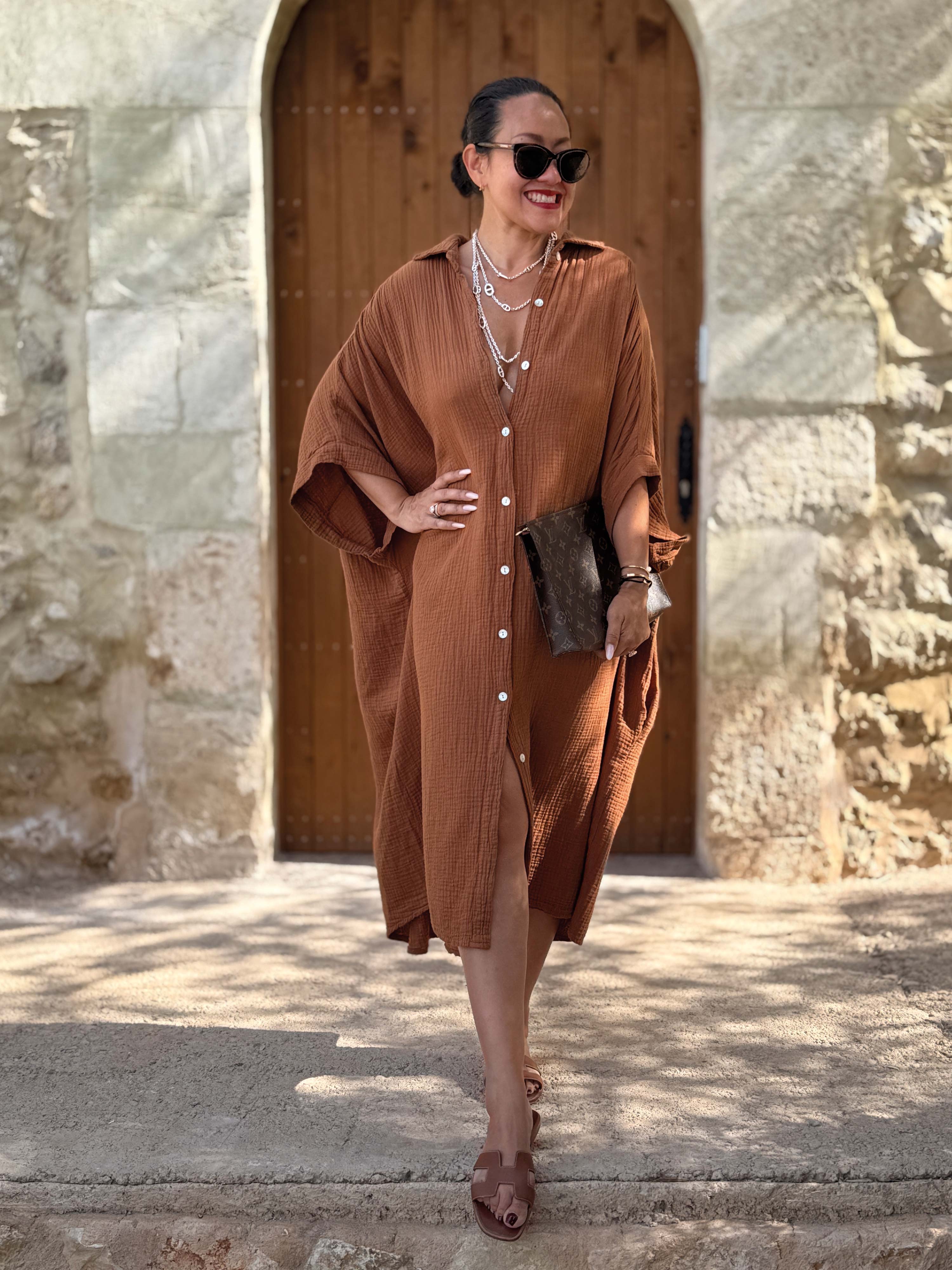 Musselin Oversize Kurzarm Blusenkleid - LANA - Cinnamon