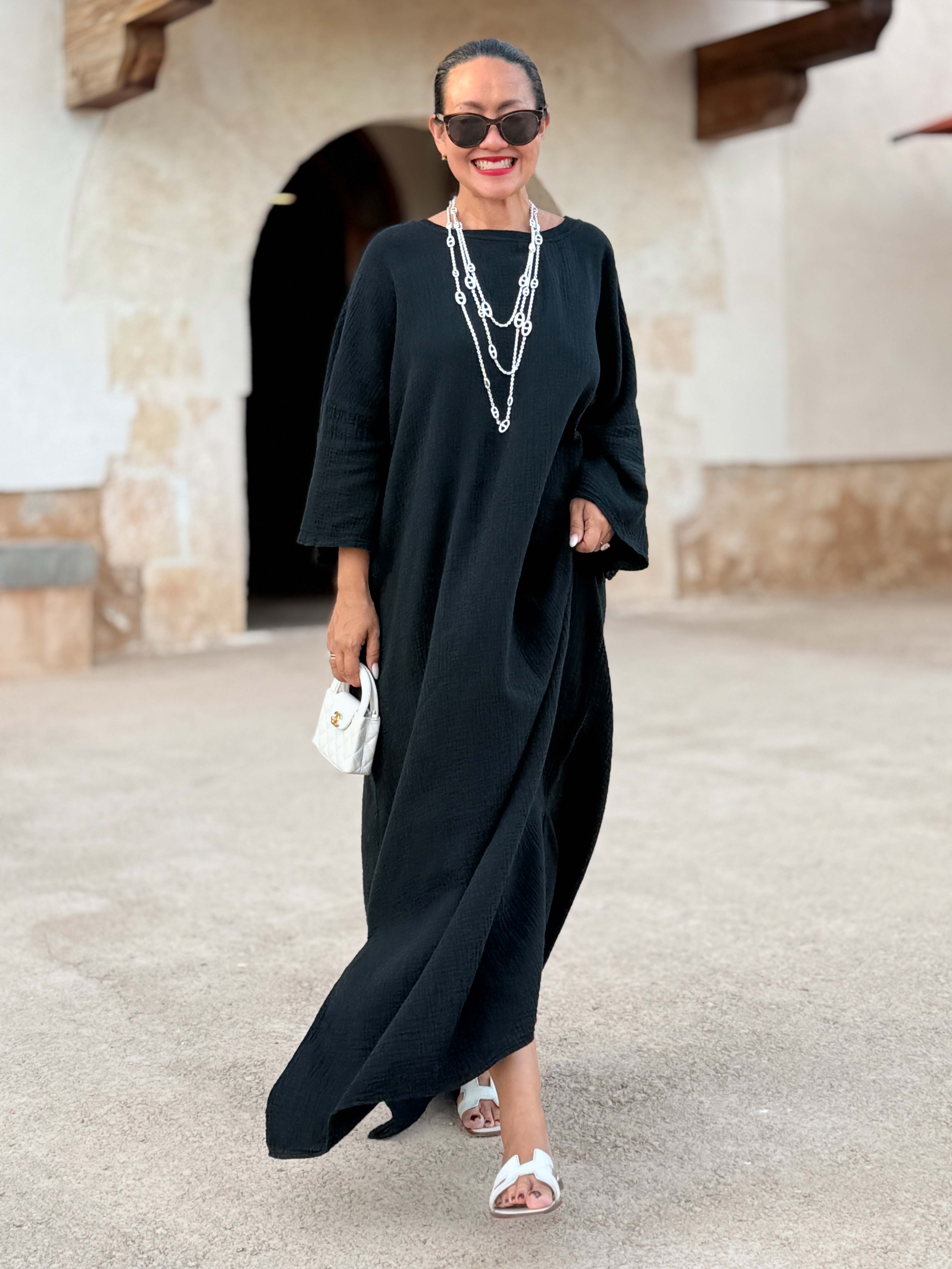 Musselin Oversize Kurzarm Sweatkleid - Schwarz