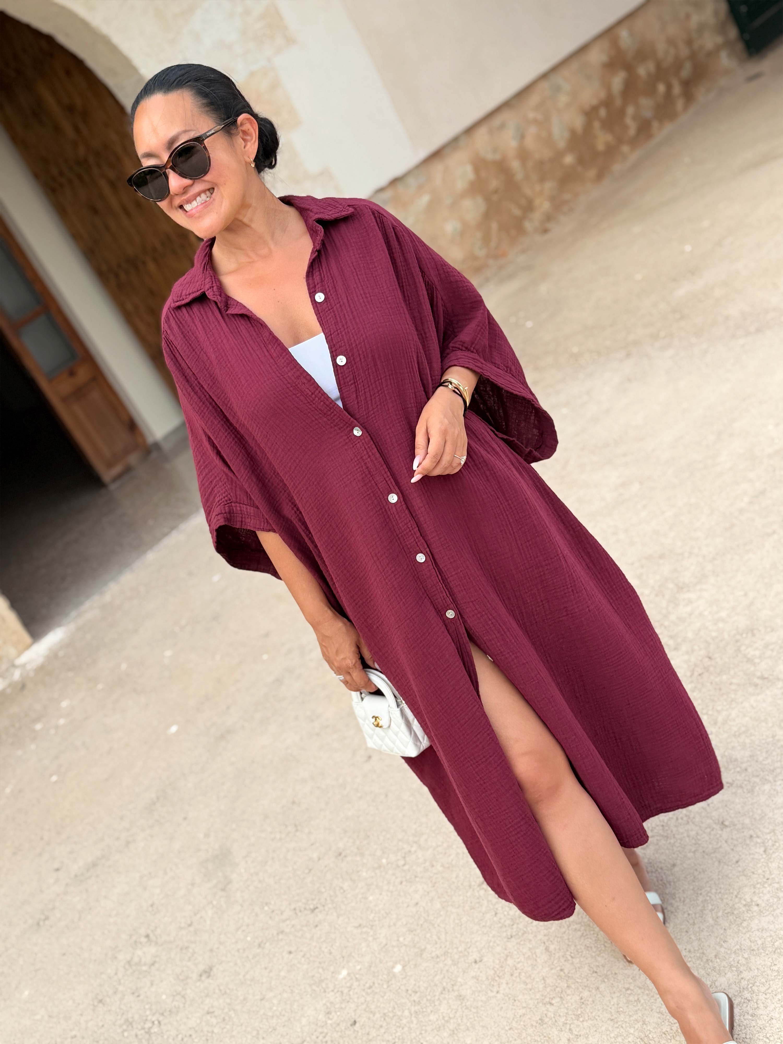 Musselin Oversize Kurzarm Blusenkleid - LANA - Burgunder Musselin Oversize Kurzarm Blusenkleid - LANA - Burgunder