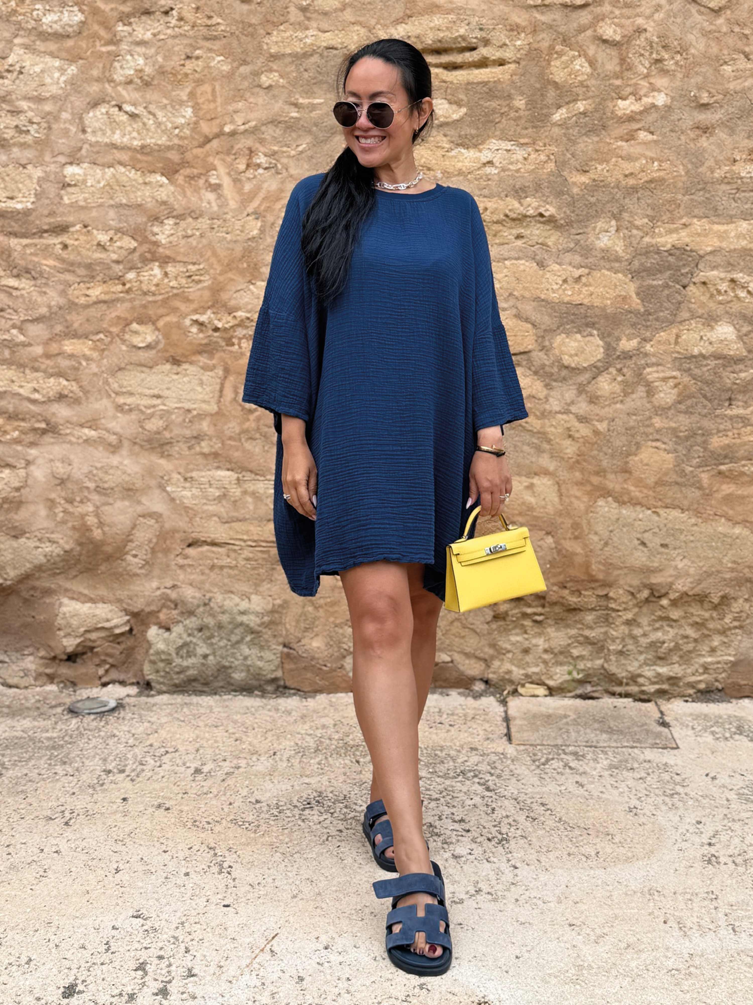 Musselin Oversize Kurzarm Shirt - Navy