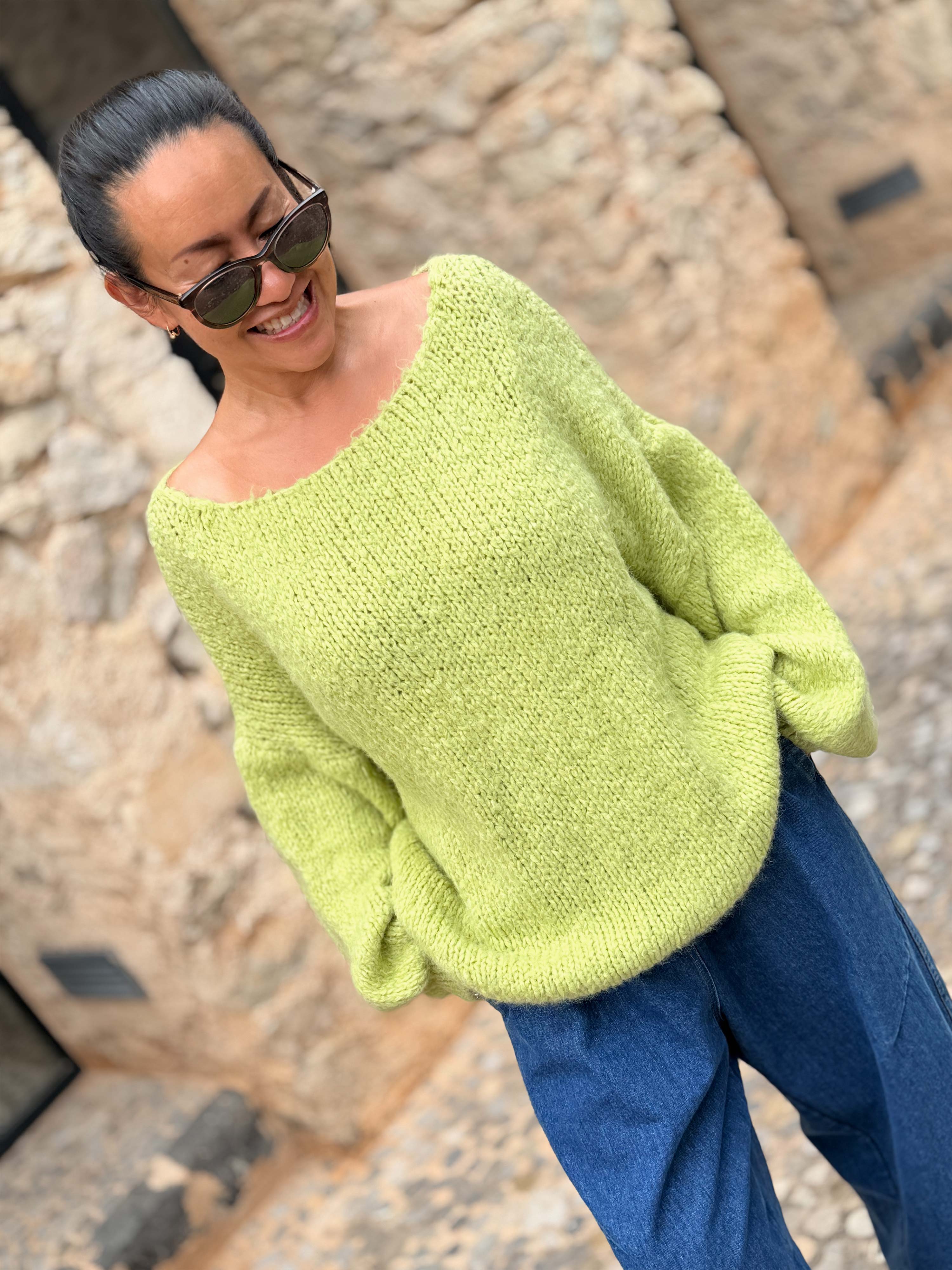 Oversize Cropped Strickpullover - FLAUSCHI - Pistazie