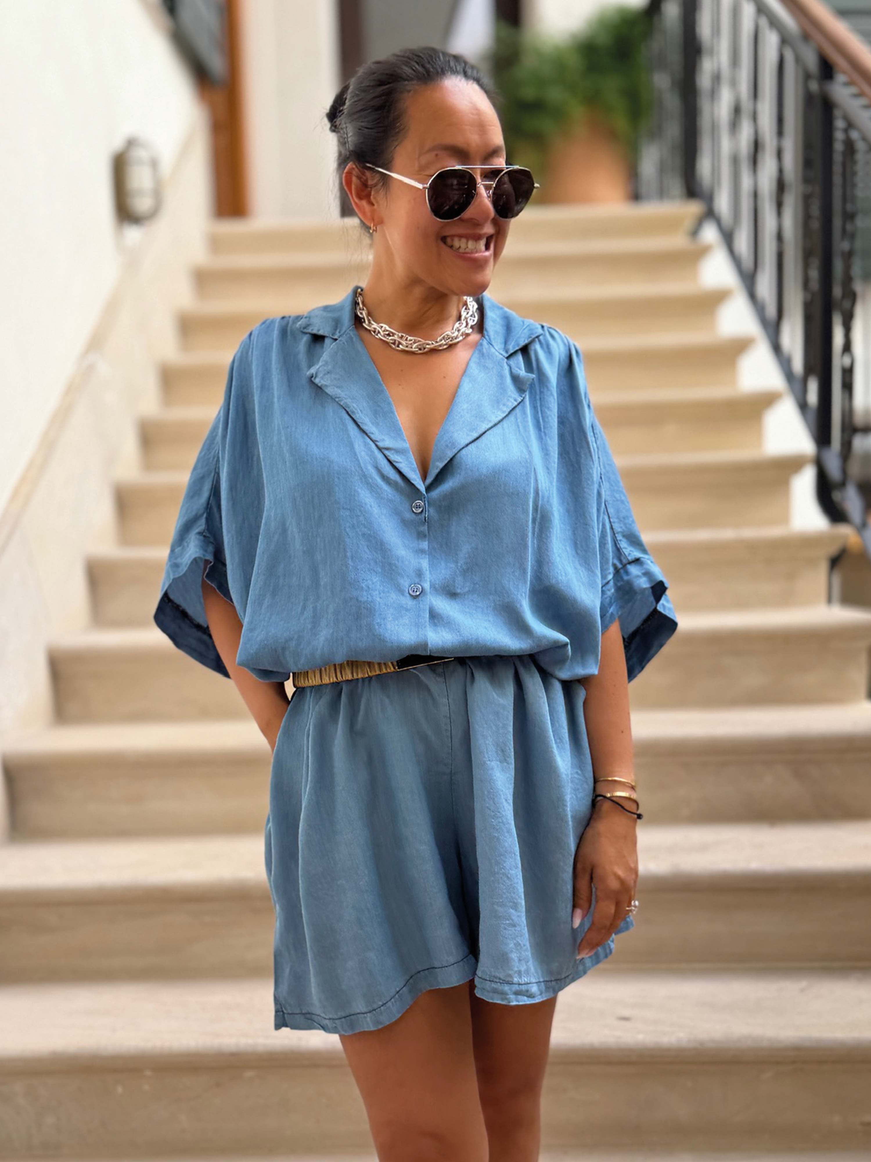 Lyocell Oversize Hemdbluse - ELEGANCE - Blue