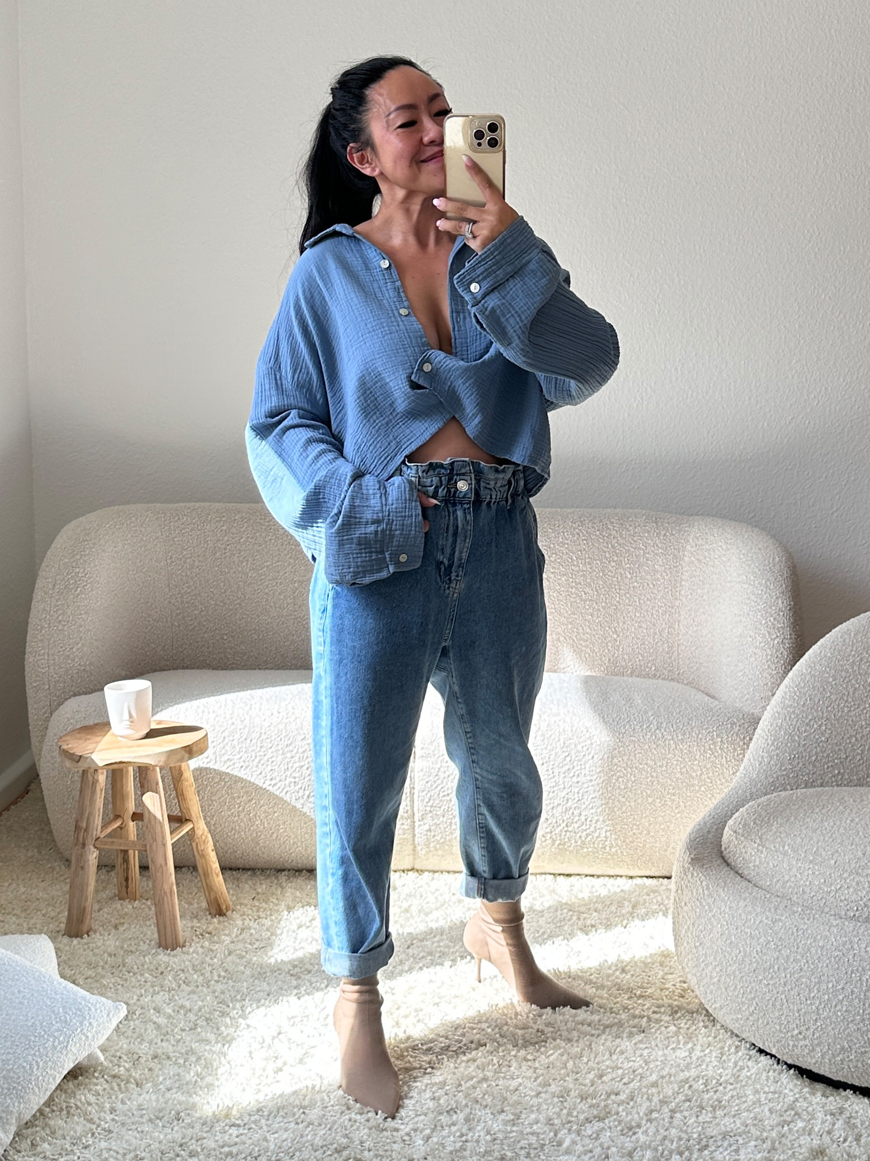 02086-Jeansblau-2 Musselin Cropped Bluse mit Kragen - Jeansblau