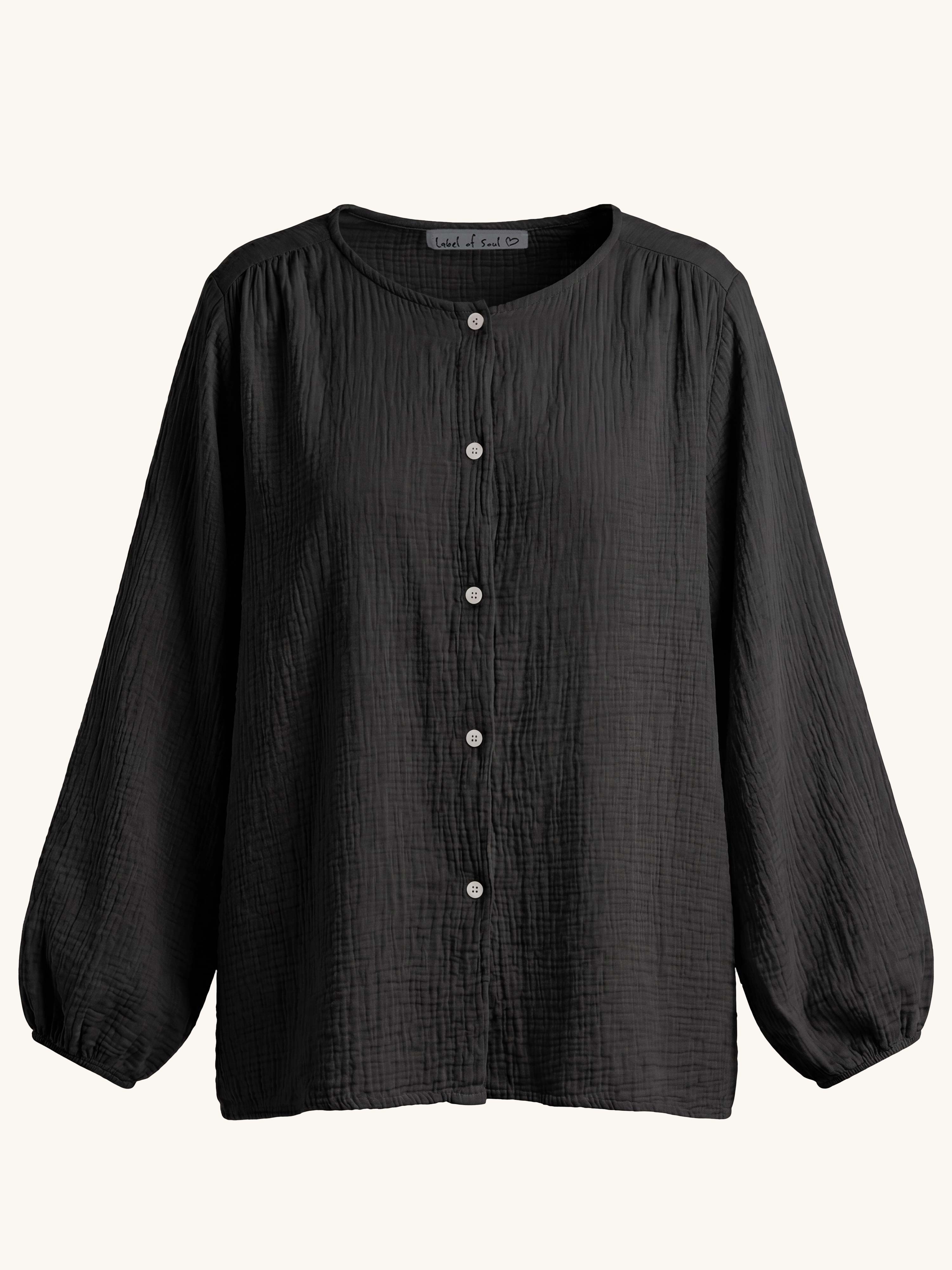 Musselin Oversize Bluse mit Rundhalsausschnitt - Schwarz