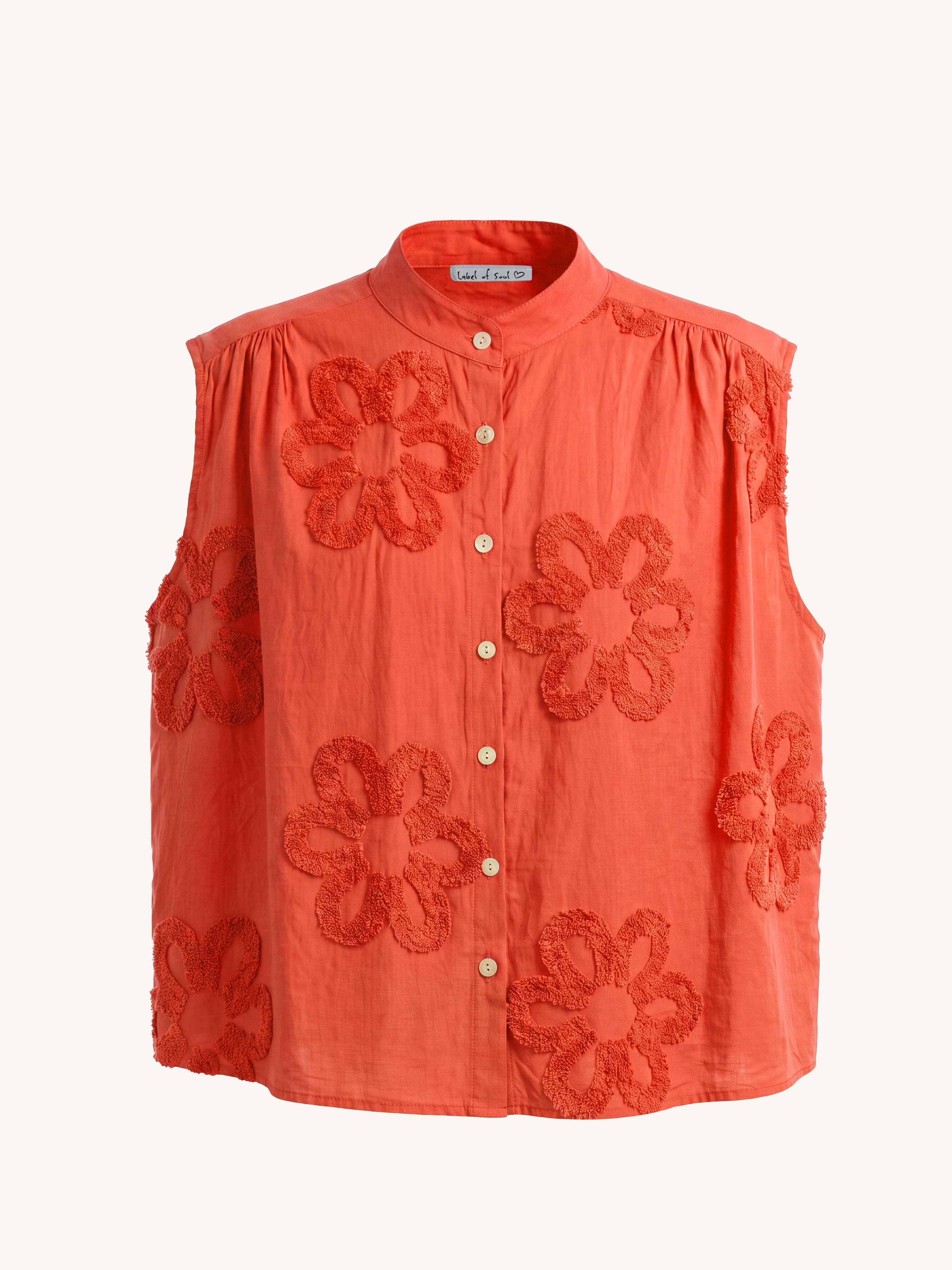 Ärmellose Cotton  Bluse mit Blumenmuster - Sunset Orange