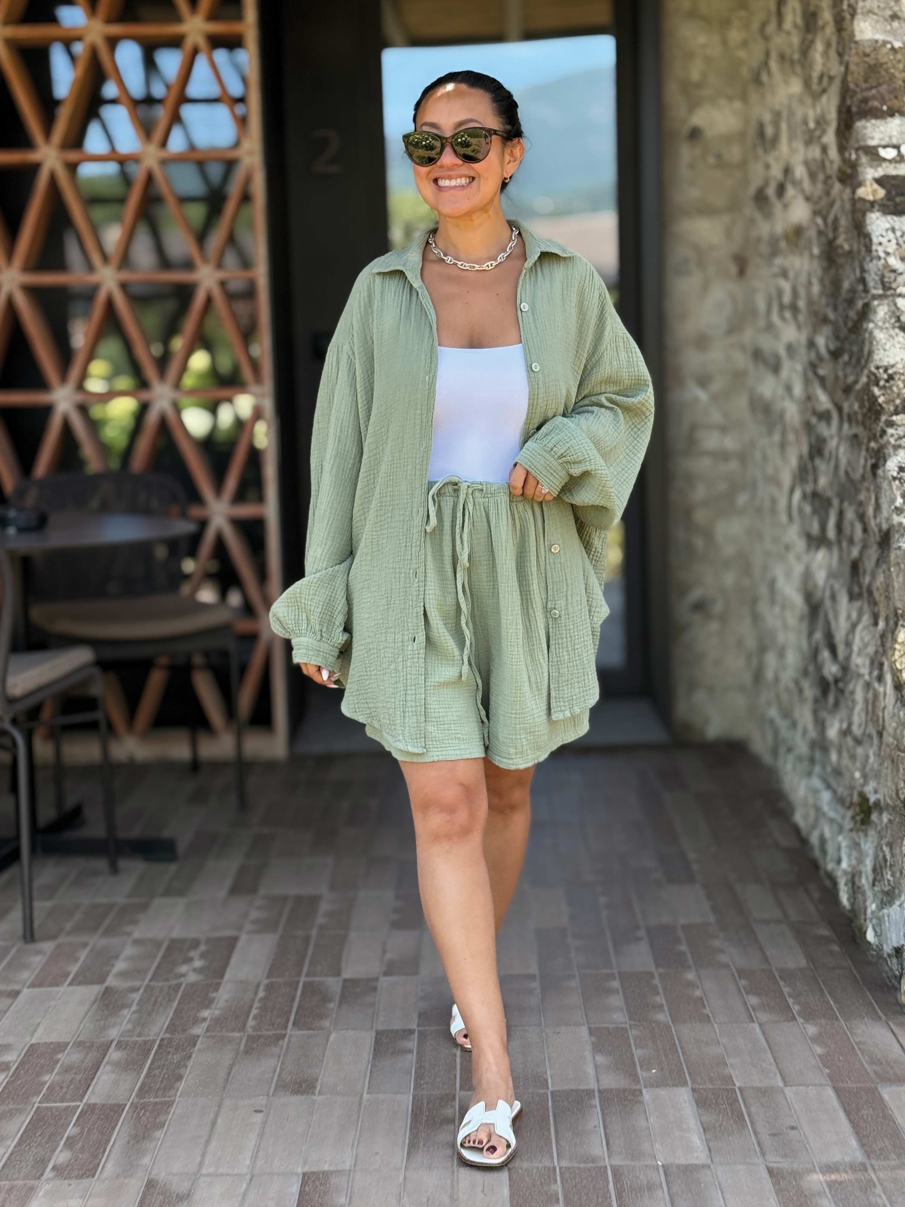 Musselin Midi Oversize Bluse - Matcha