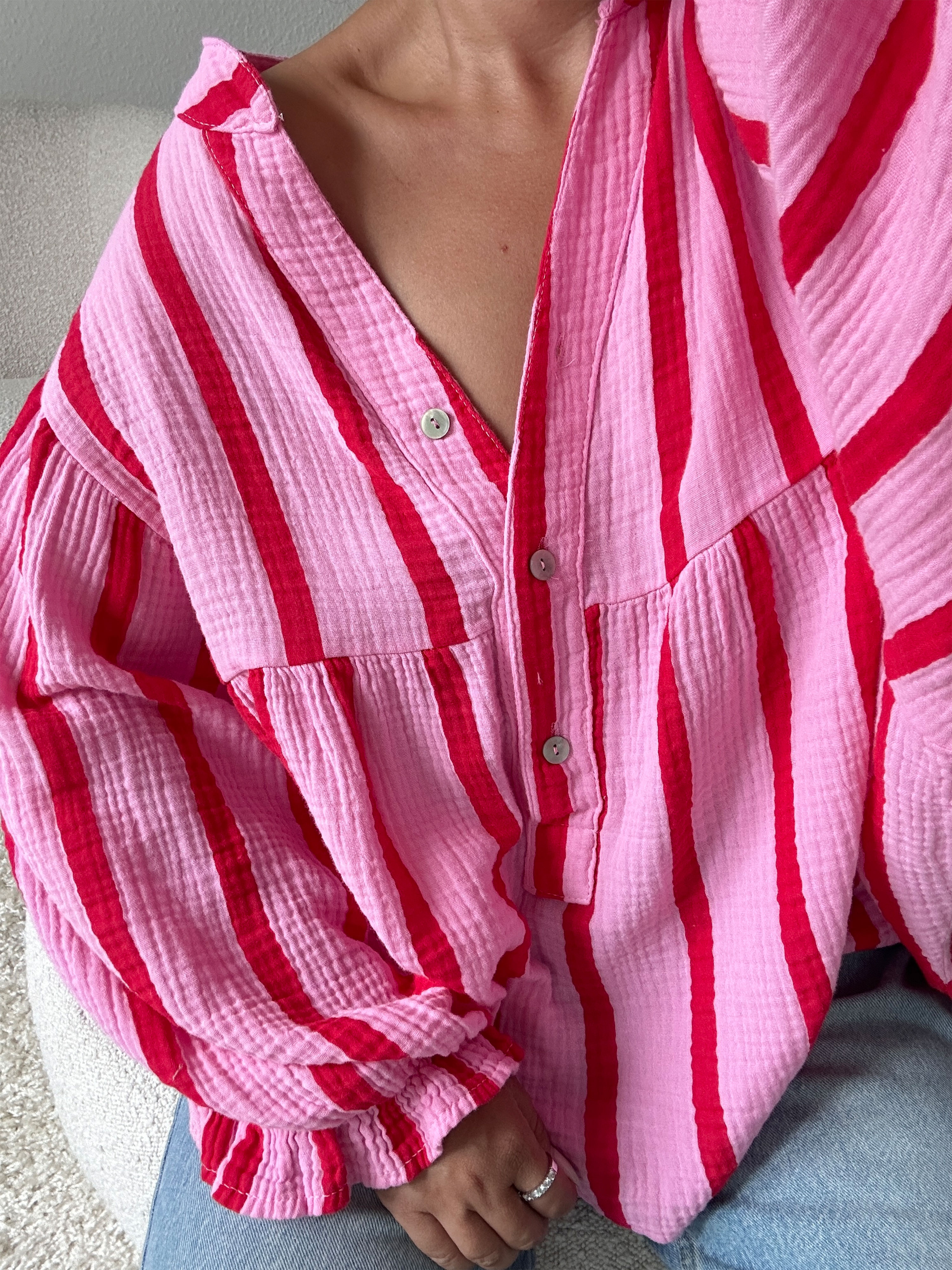 Musselin Bluse mit Ballonärmeln - Streifen Pink/Rot