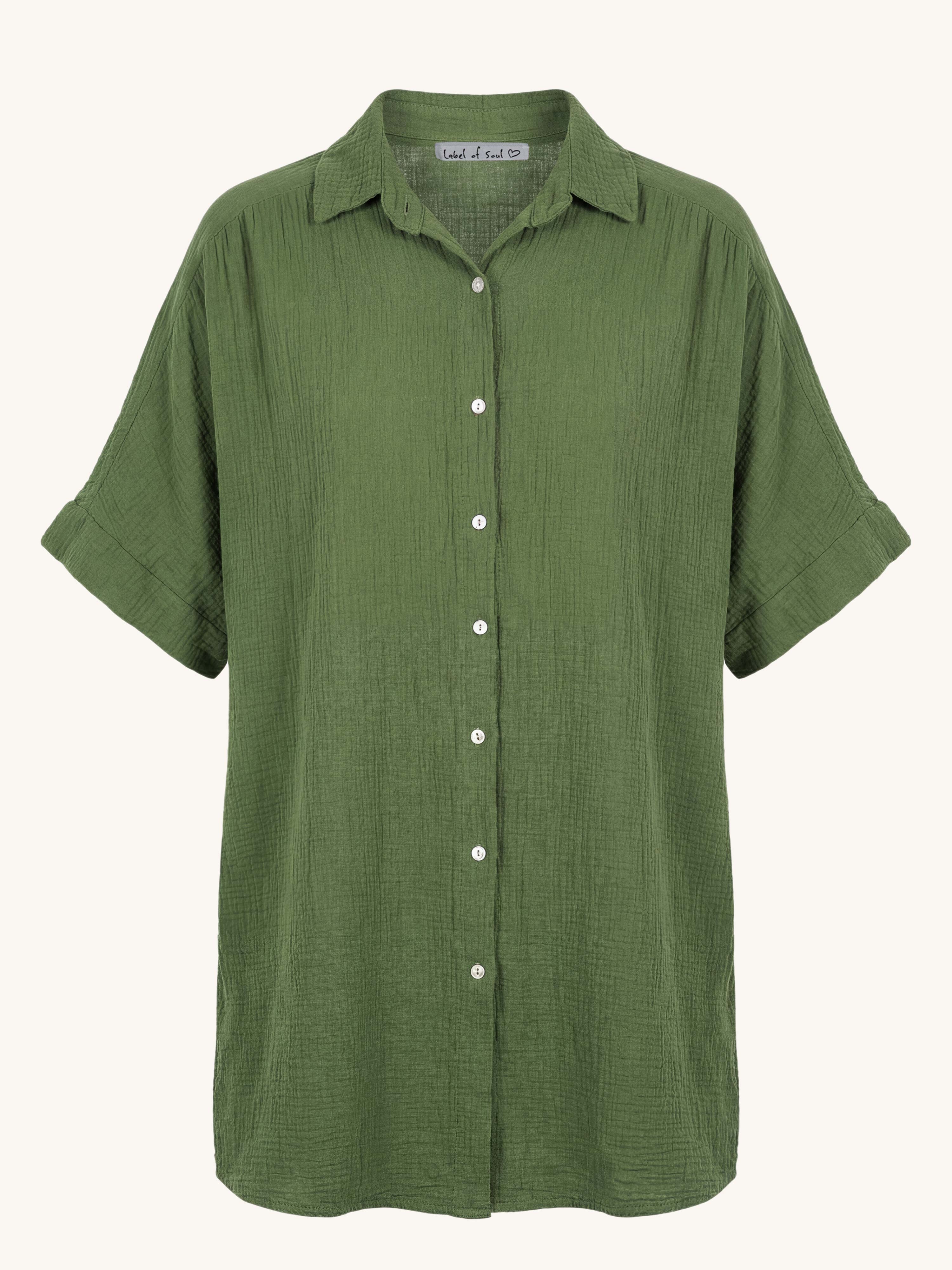 Musselin Oversize Kurzarm Bluse Long - Olive