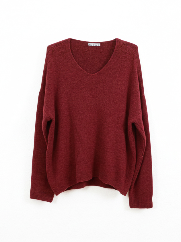 V-Ausschnitt Strickpullover mit Alpakawollanteil - Burgundy