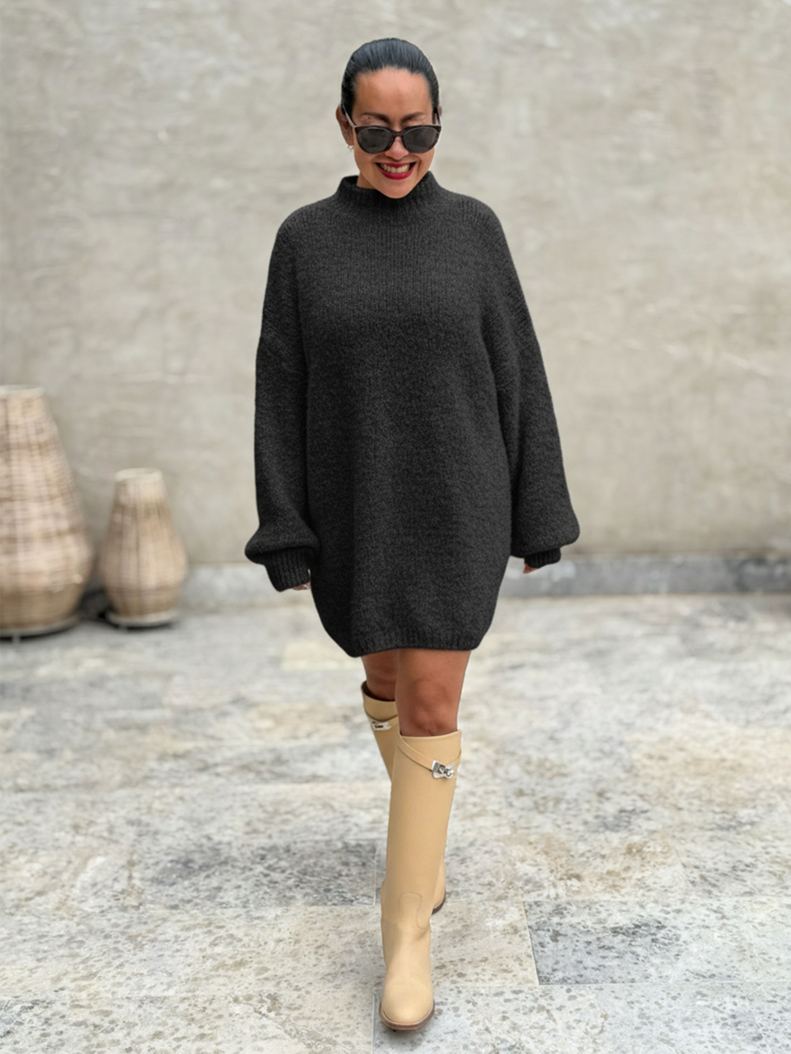 Oversize Stehkragen Strickpullover mit Alpakawollanteil - Schwarz Oversize Stehkragen Strickpullover mit Alpakawollanteil - Schwarz