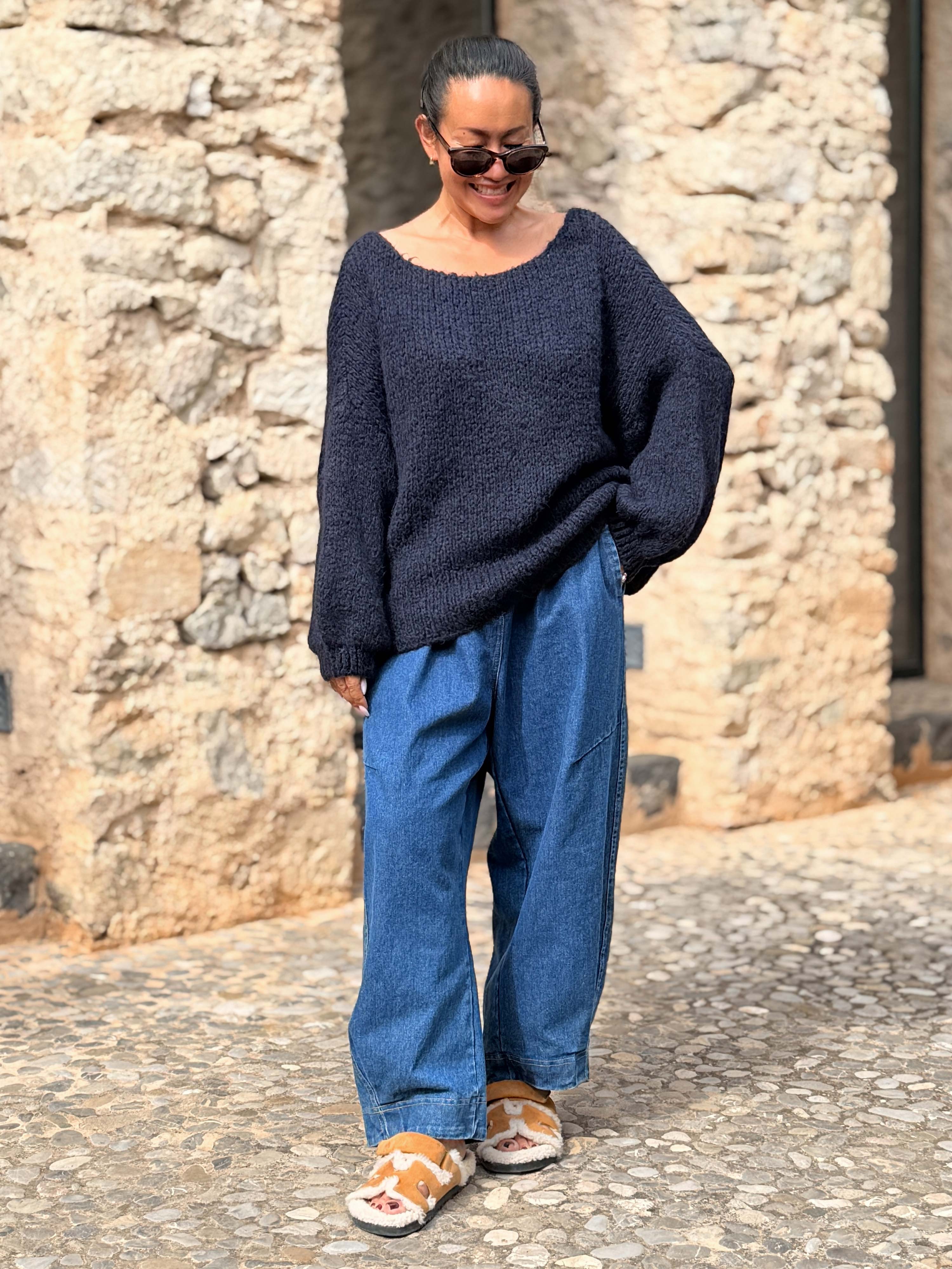 Oversize Cropped Strickpullover - FLAUSCHI - Navy