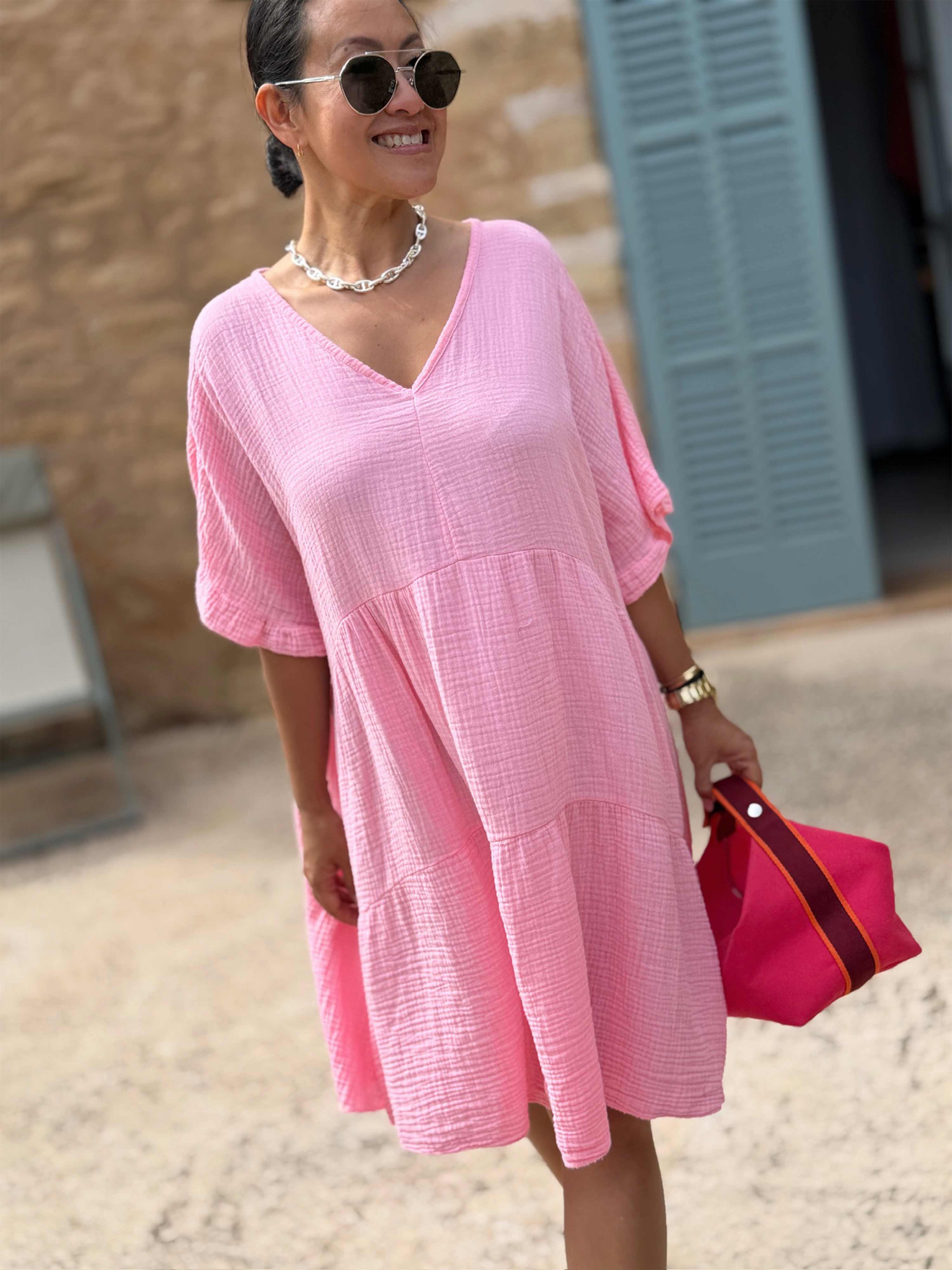 Musselin Tunika Midi mit V-Ausschnitt - Babyrosa