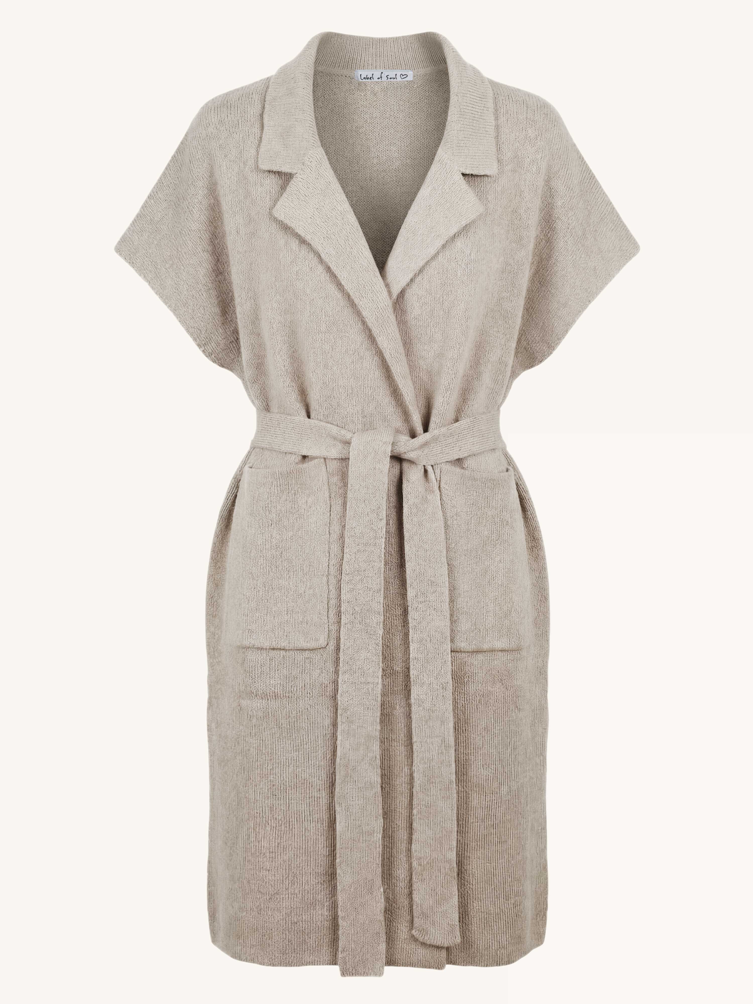 Ärmelloser Oversize Strickmantel mit Gürtel - Oatmeal