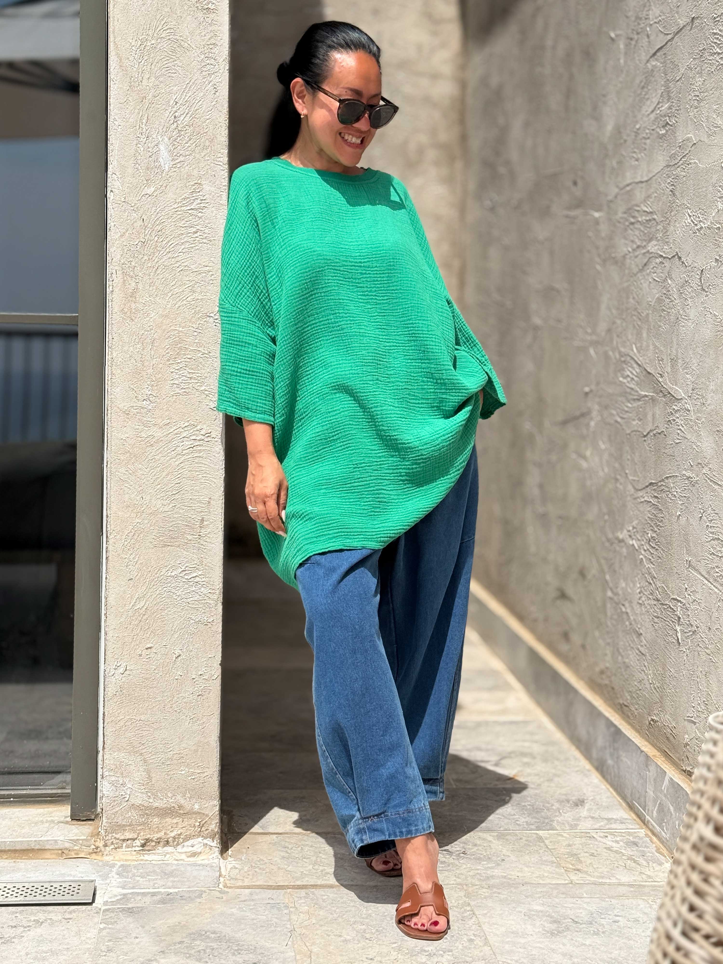 Musselin Oversize Kurzarm Shirt - Grün Musselin Oversize Kurzarm Shirt - Grün