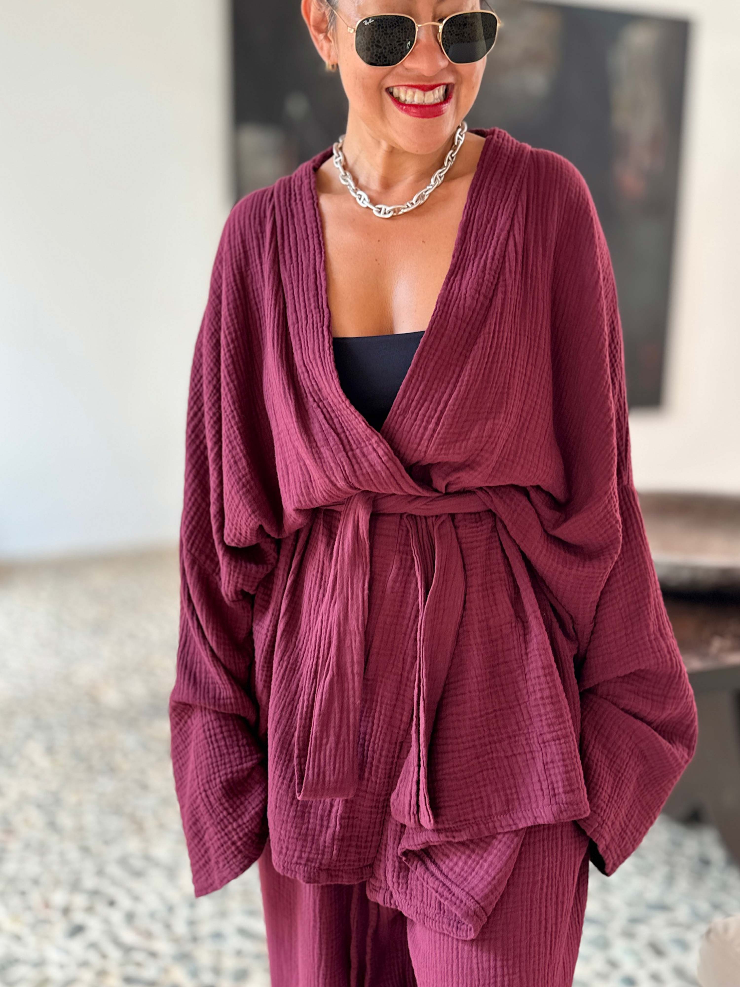 Musselin Wickel Kimono Jacke - NAMASTE - Burgundy