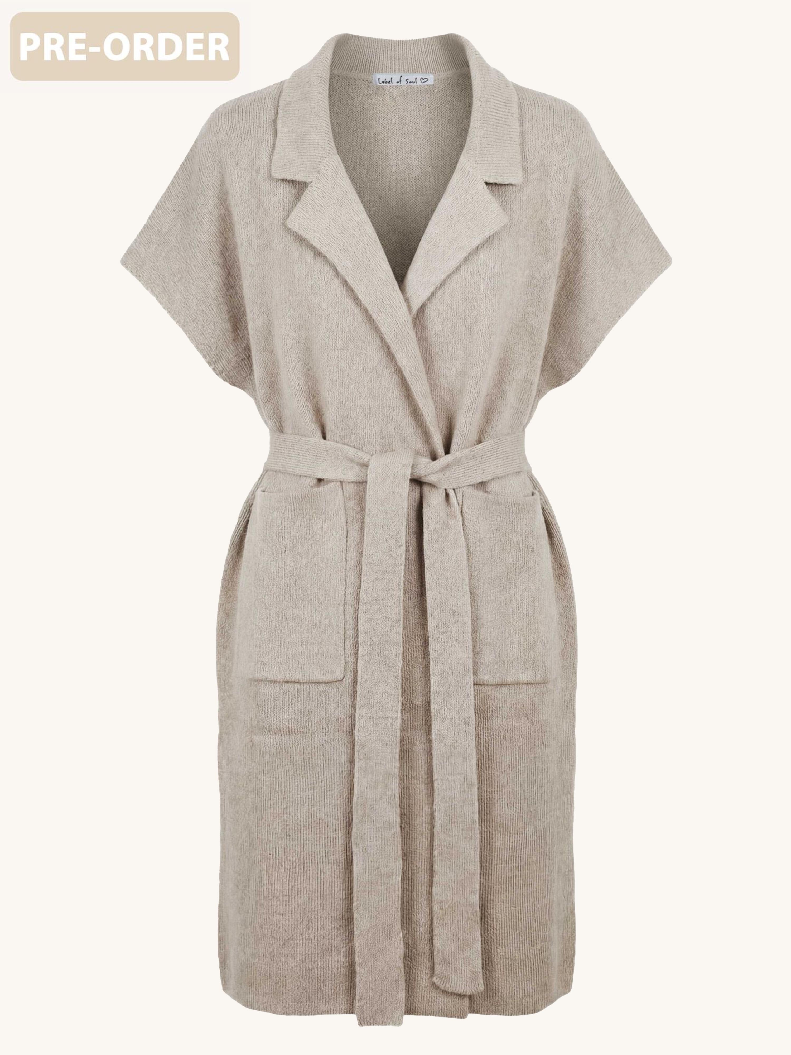 PRE-ORDER: Ärmelloser Oversize Strickmantel mit Gürtel - Oatmeal