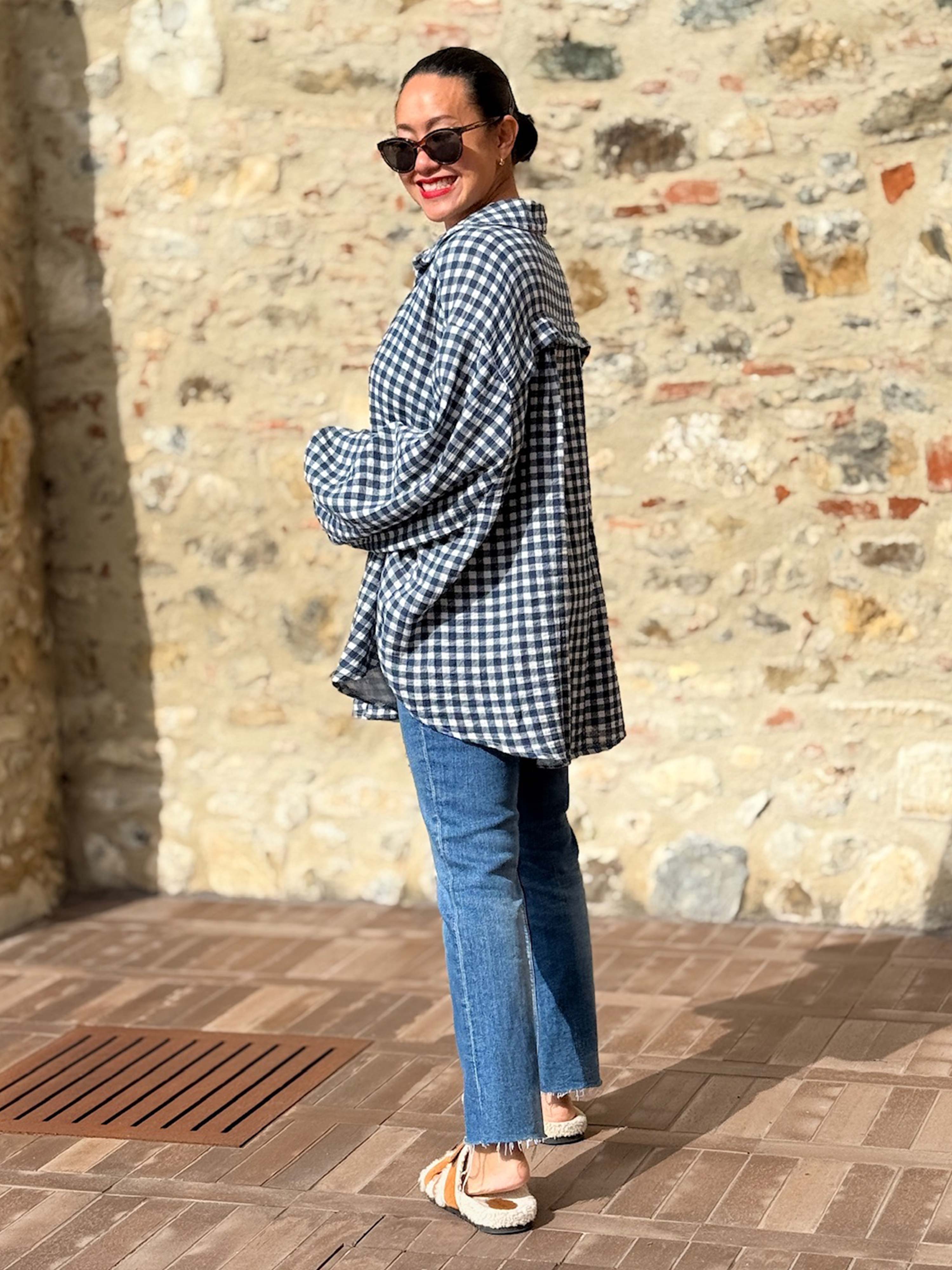 Musselin Midi Oversize Bluse - KARO Blau