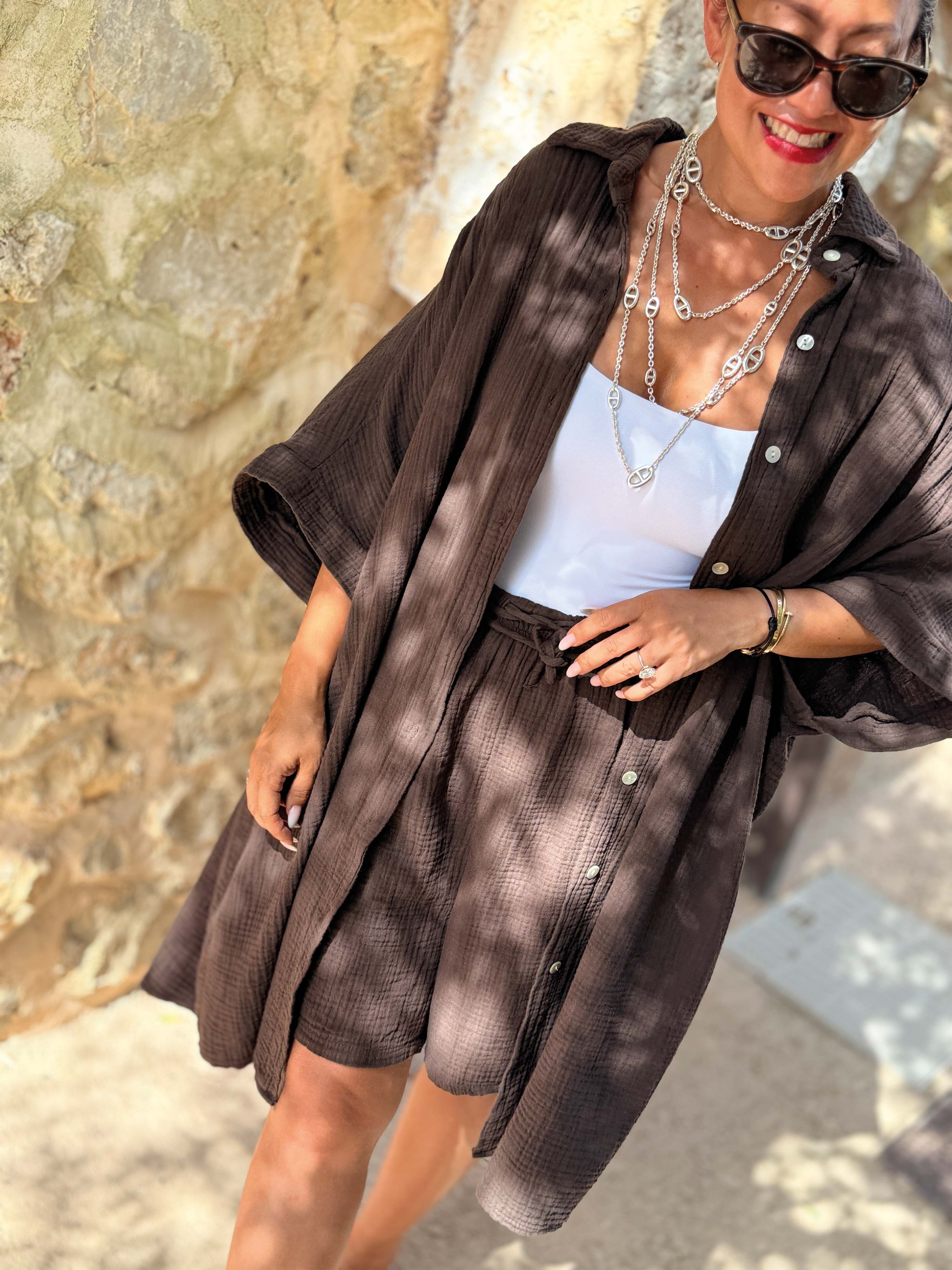 Musselin Oversize Kurzarm Bluse Long - Schoko