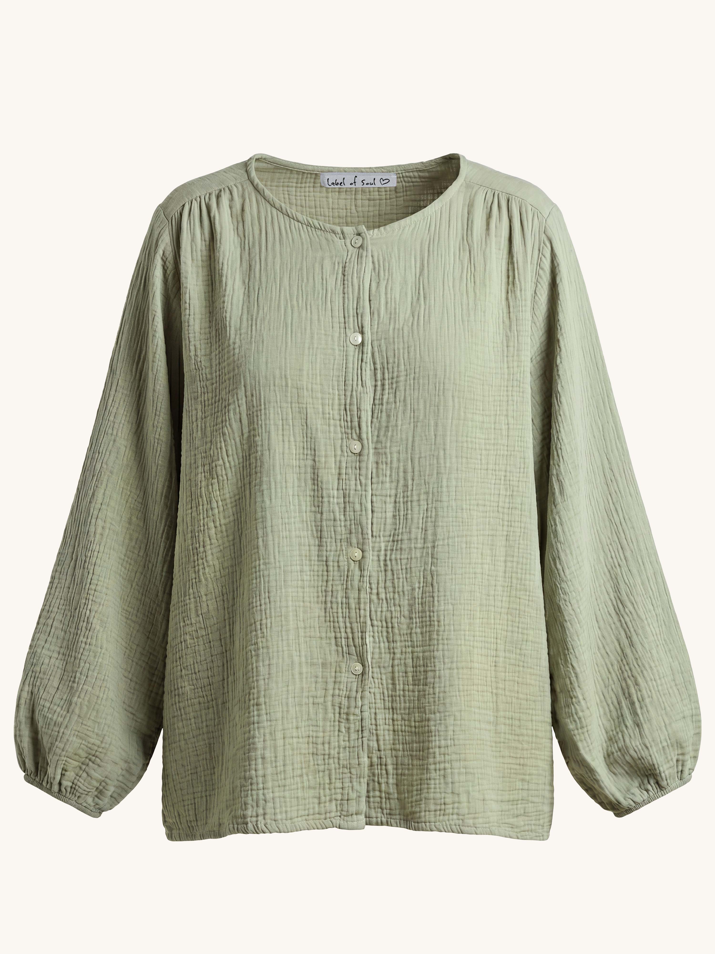 Musselin Oversize Bluse mit Rundhalsausschnitt - Matcha