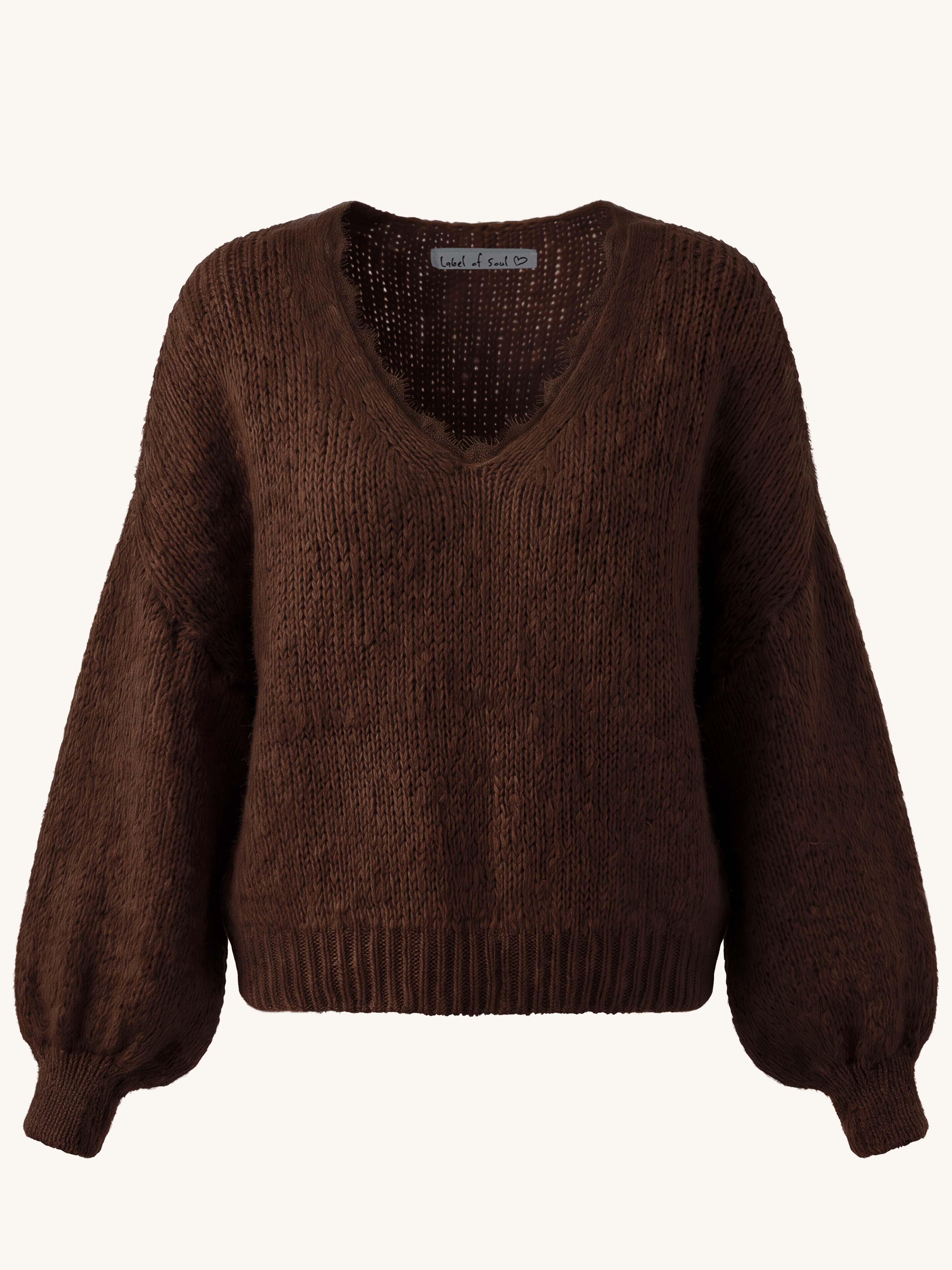 Oversize Strickpullover V-Ausschnitt mit Spitze - FLAUSCHI - Schoko