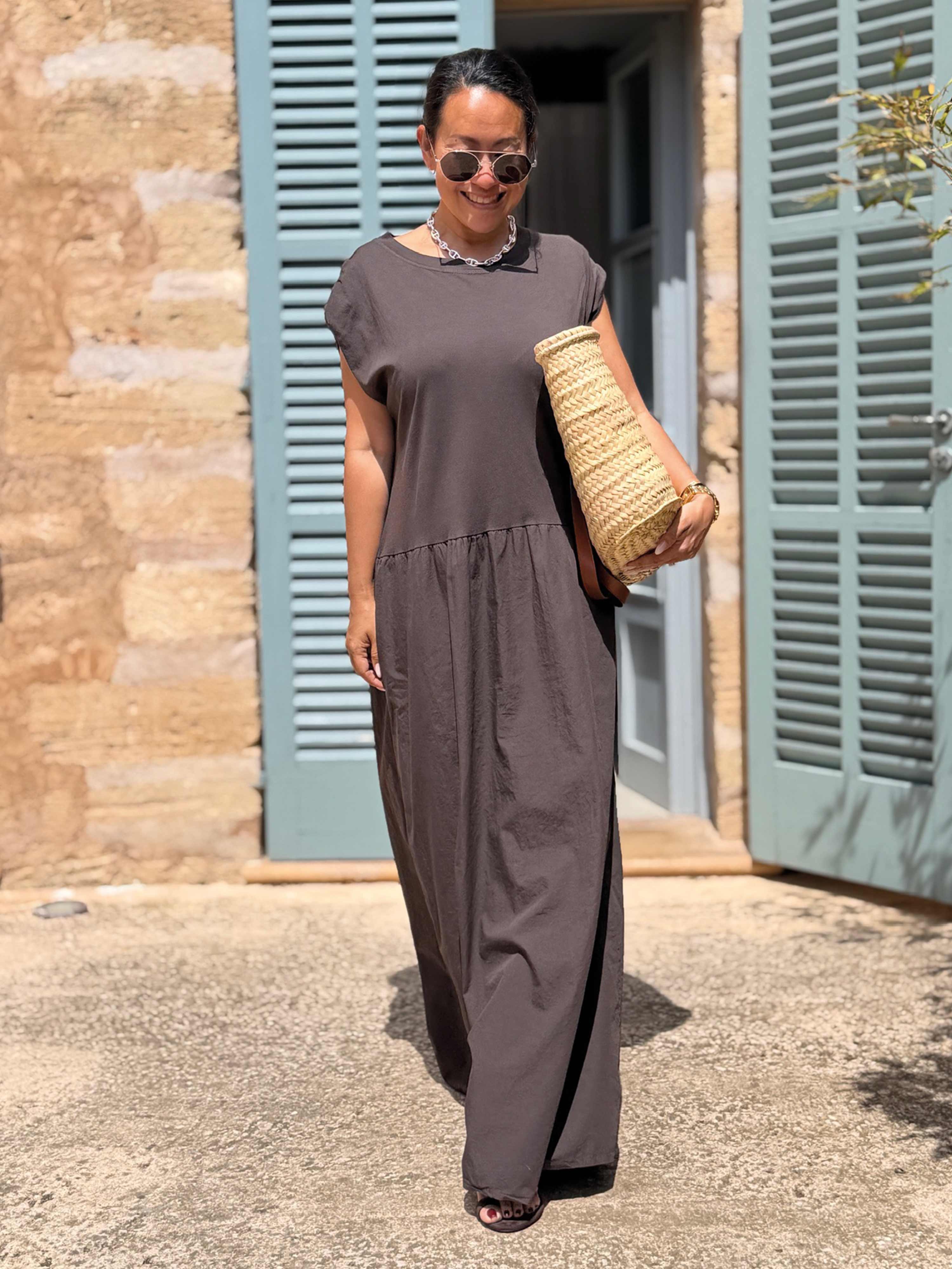 Ärmelloses Cotton Kleid Long mit Seitentaschen - Schoko