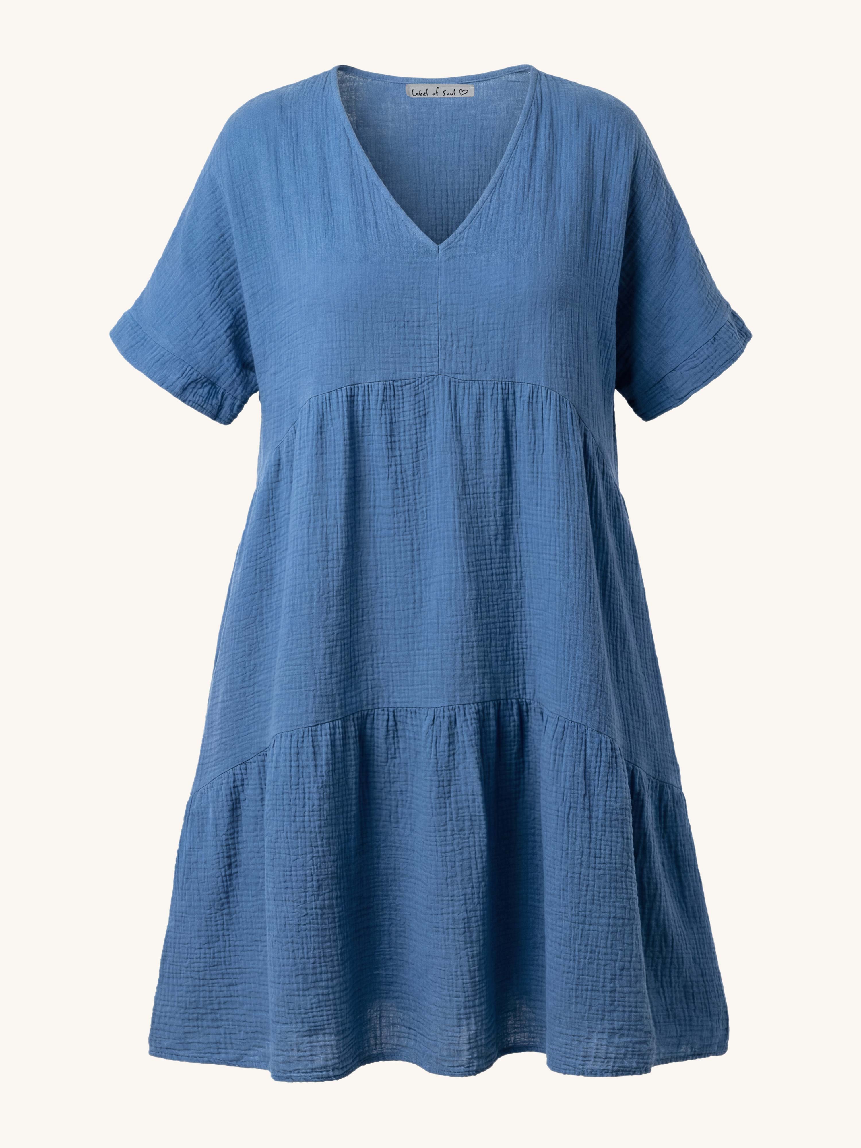 Musselin Tunika Long mit V-Ausschnitt - Jeansblau