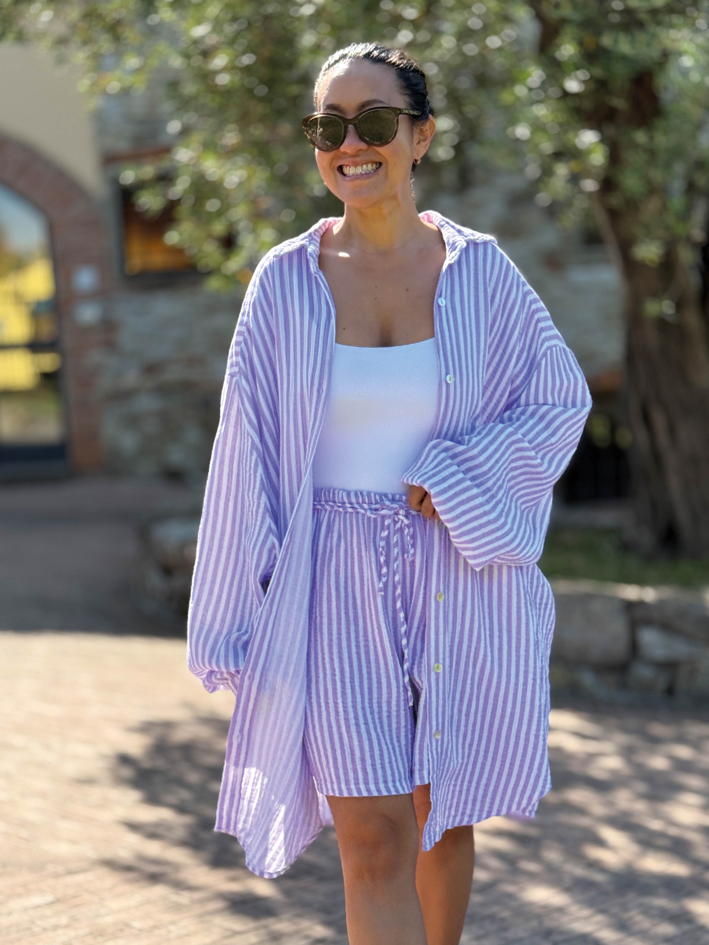 Musselin Long Oversize Bluse - SUMMER BREEZE - Stripes Flieder